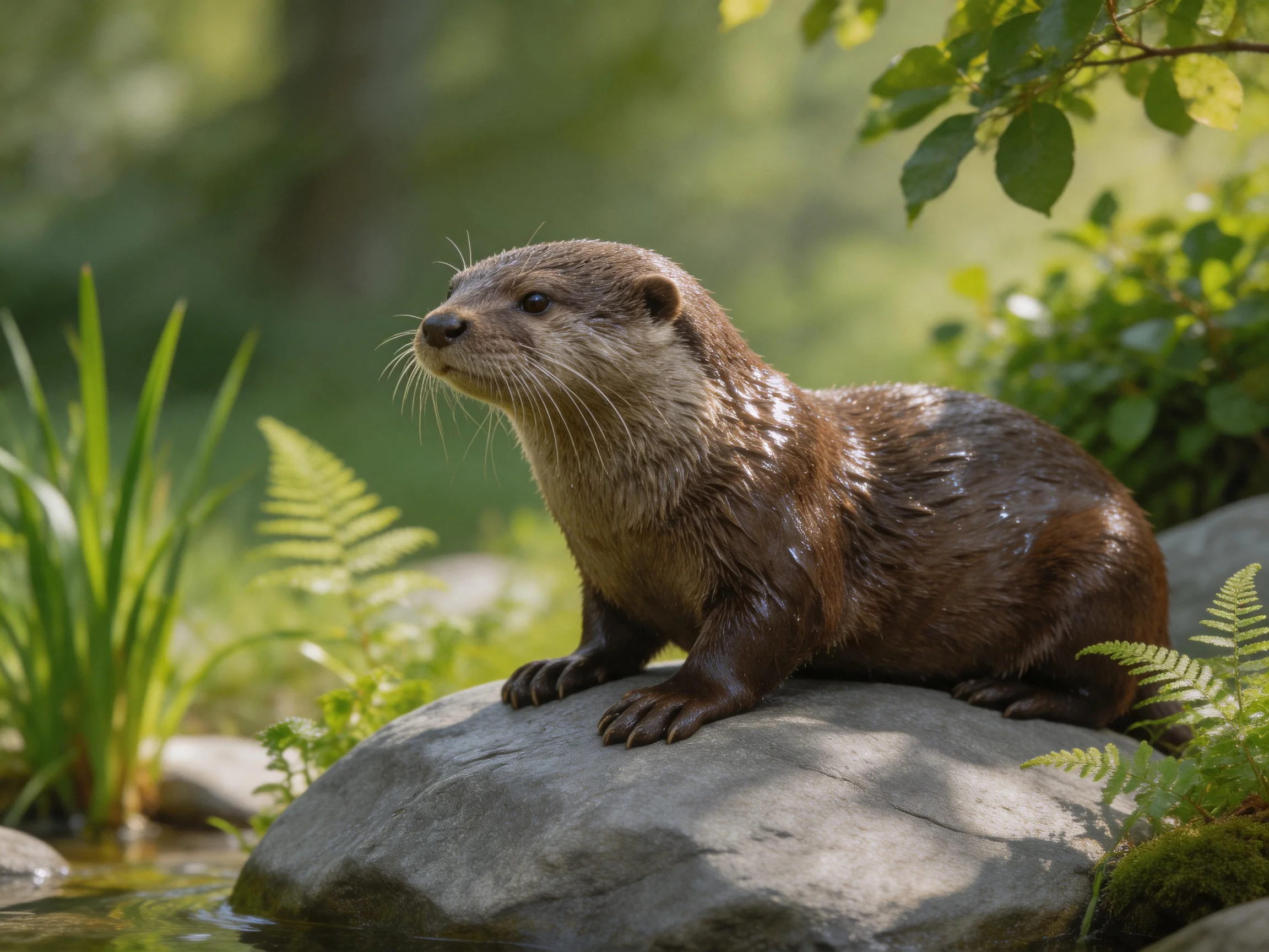 A sleek brown otter rests on a mossy gray rock amid lush greenery