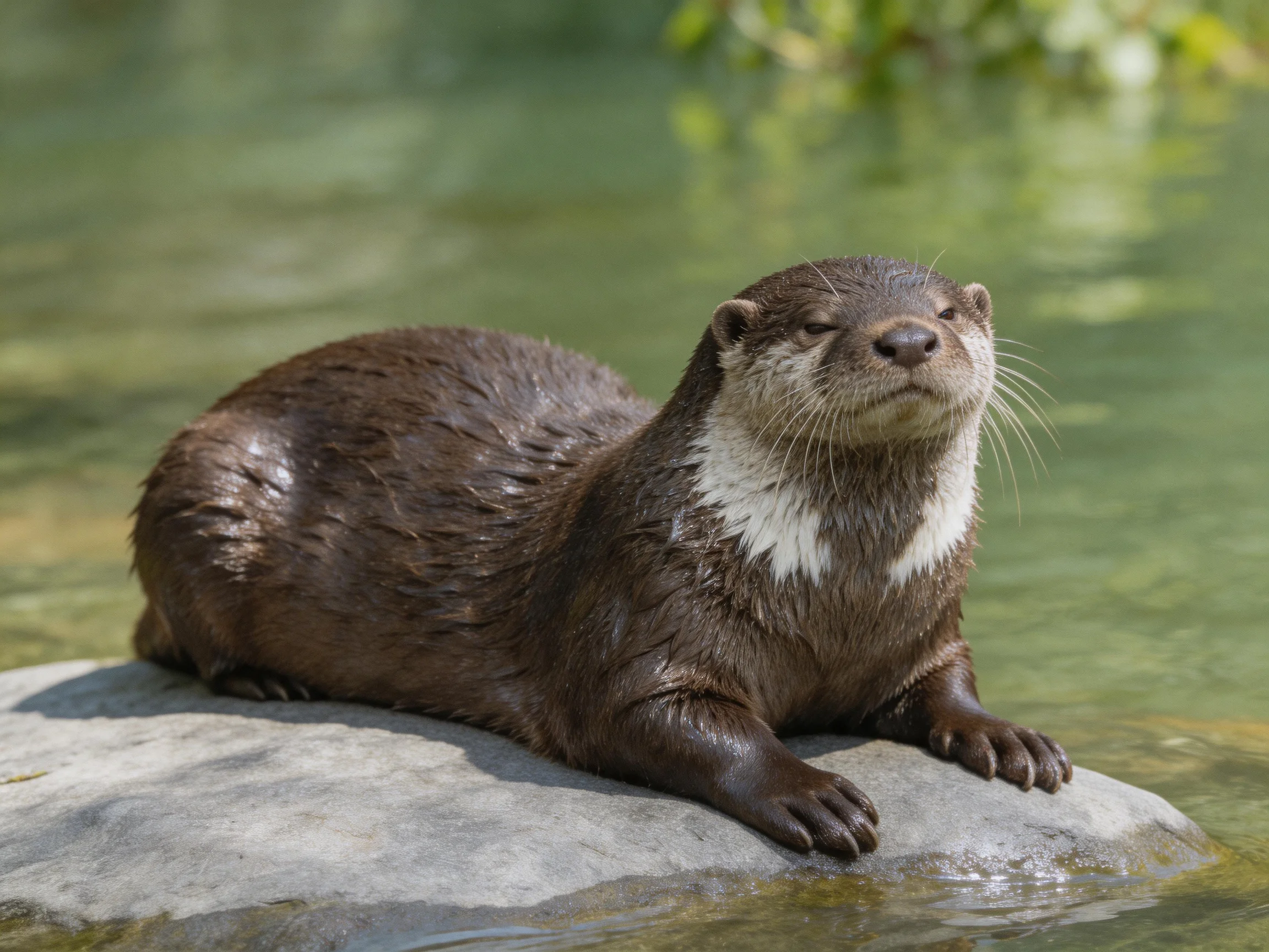 A sleek brown otter rests on a smooth gray rock near calm green water