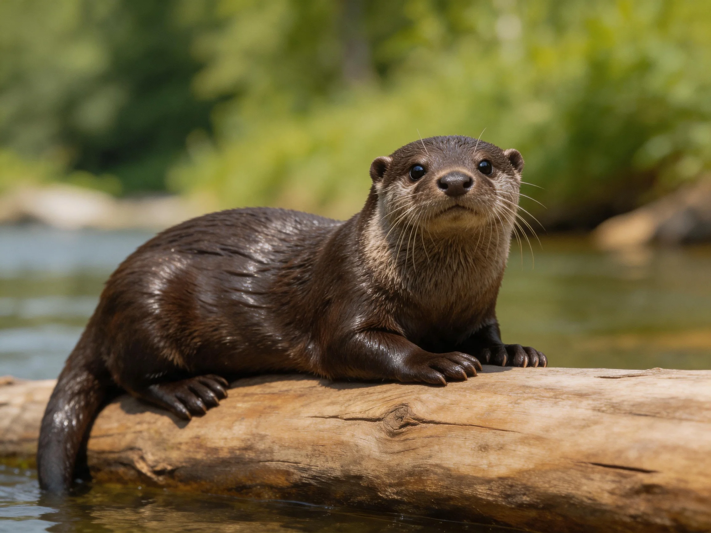 A sleek brown otter rests on a weathered log near calm water