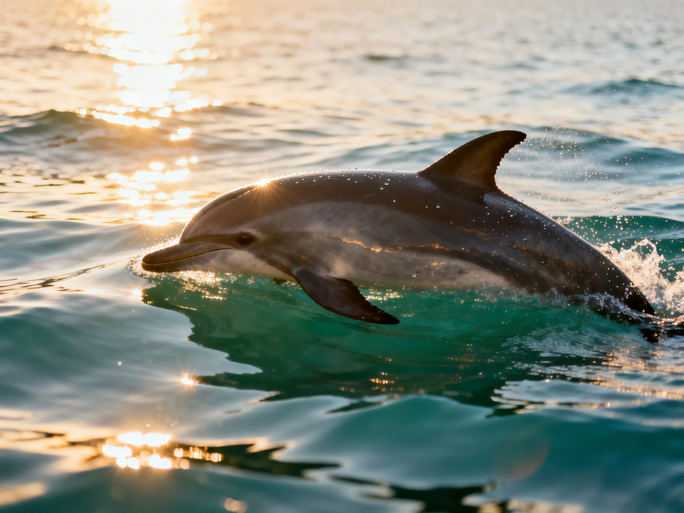 A sleek gray dolphin leaps through turquoise waters at golden hour