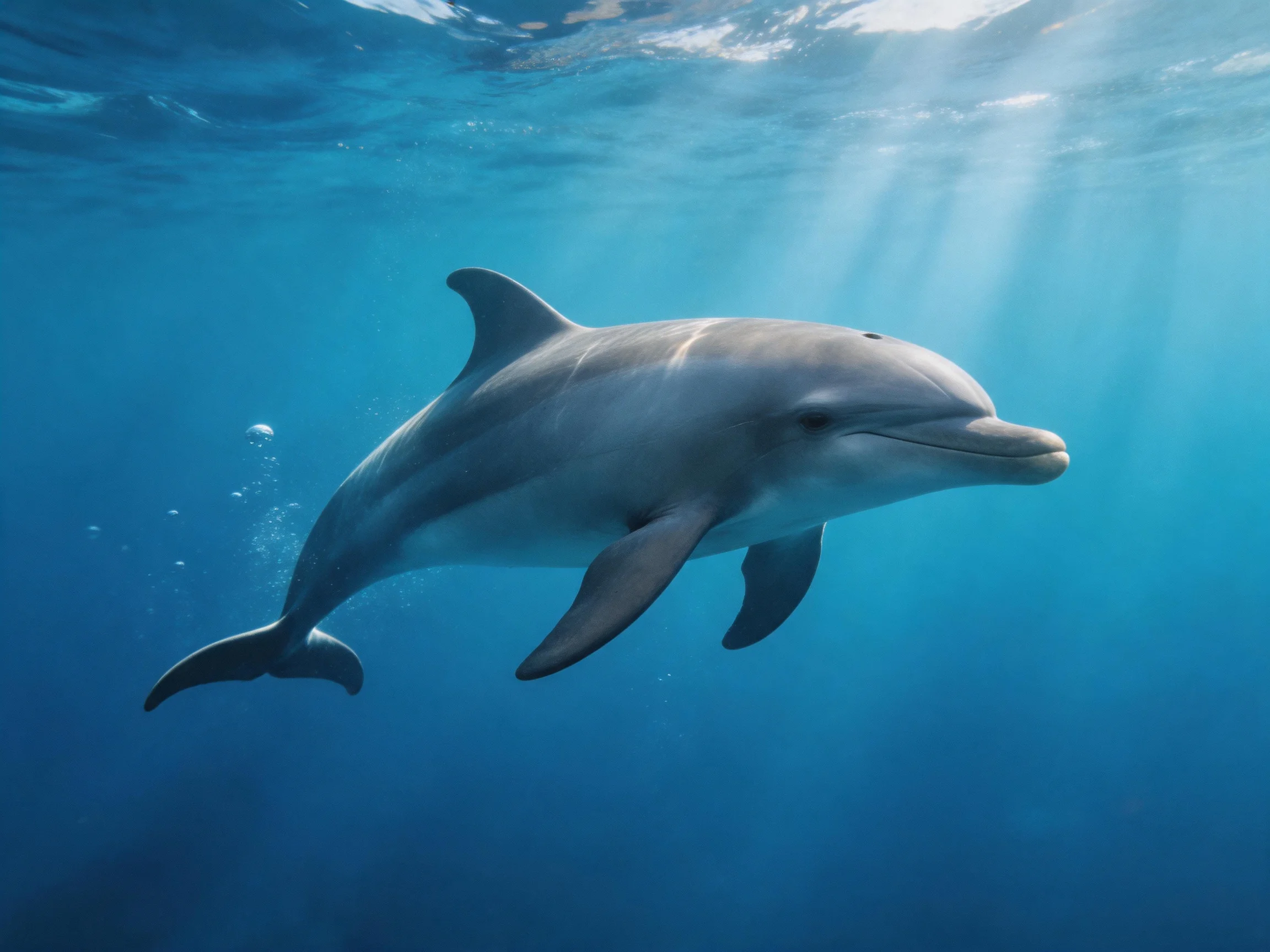 A gray dolphin swims peacefully in clear blue ocean water.