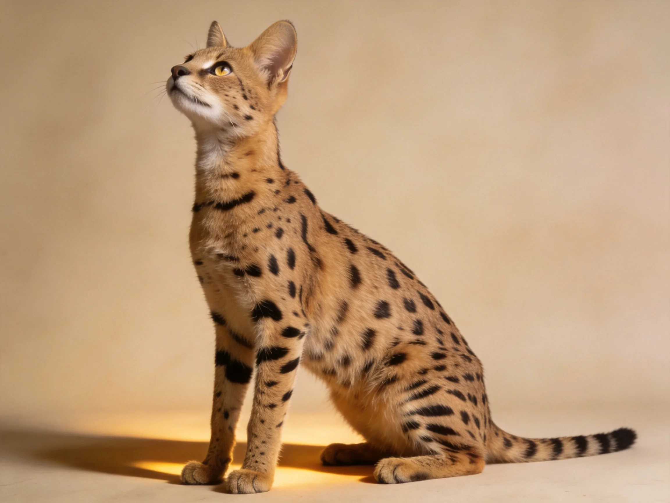A sleek savannah cat with black spots sits attentively on a beige surface