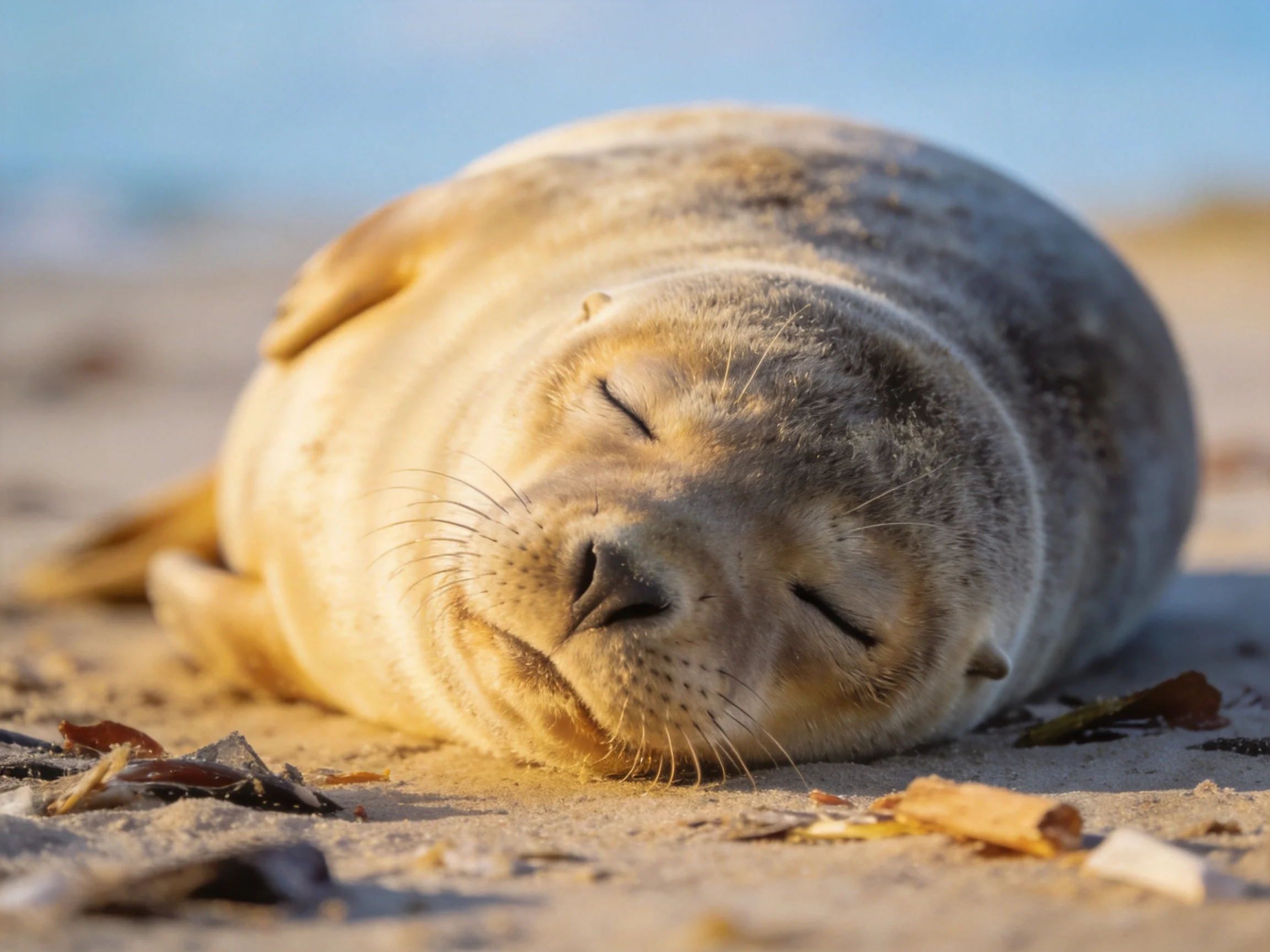 A sleepy gray seal pup resting on sandy beach