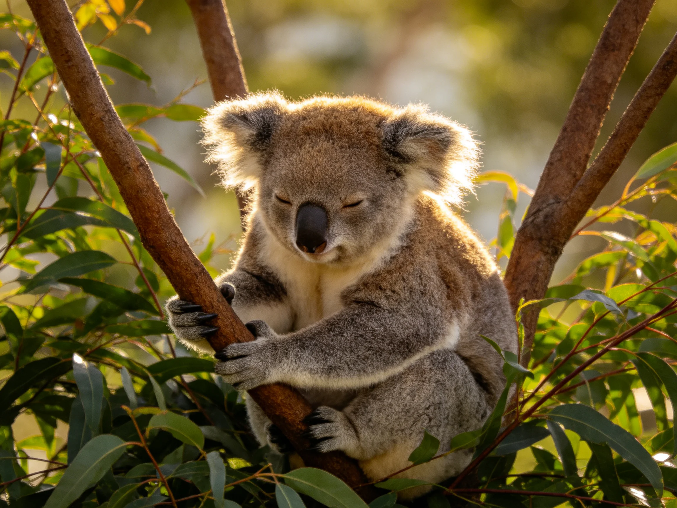A sleepy koala clings to a brown tree branch amid green foliage
