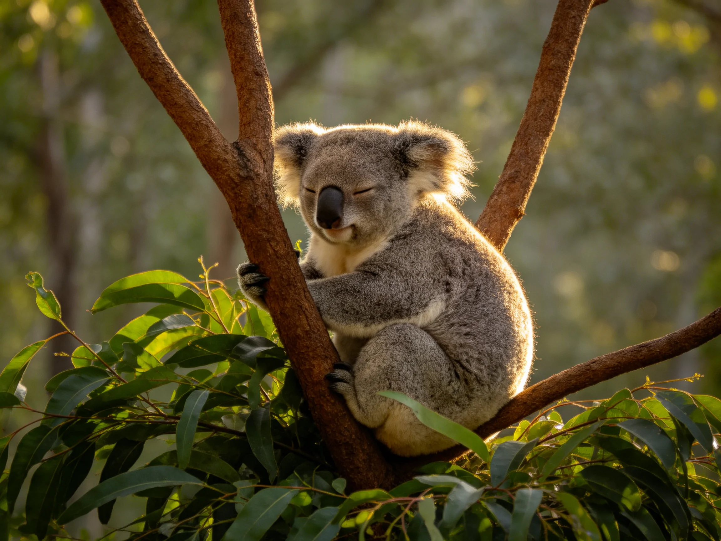 A sleepy koala clings to a brown tree branch amid green foliage