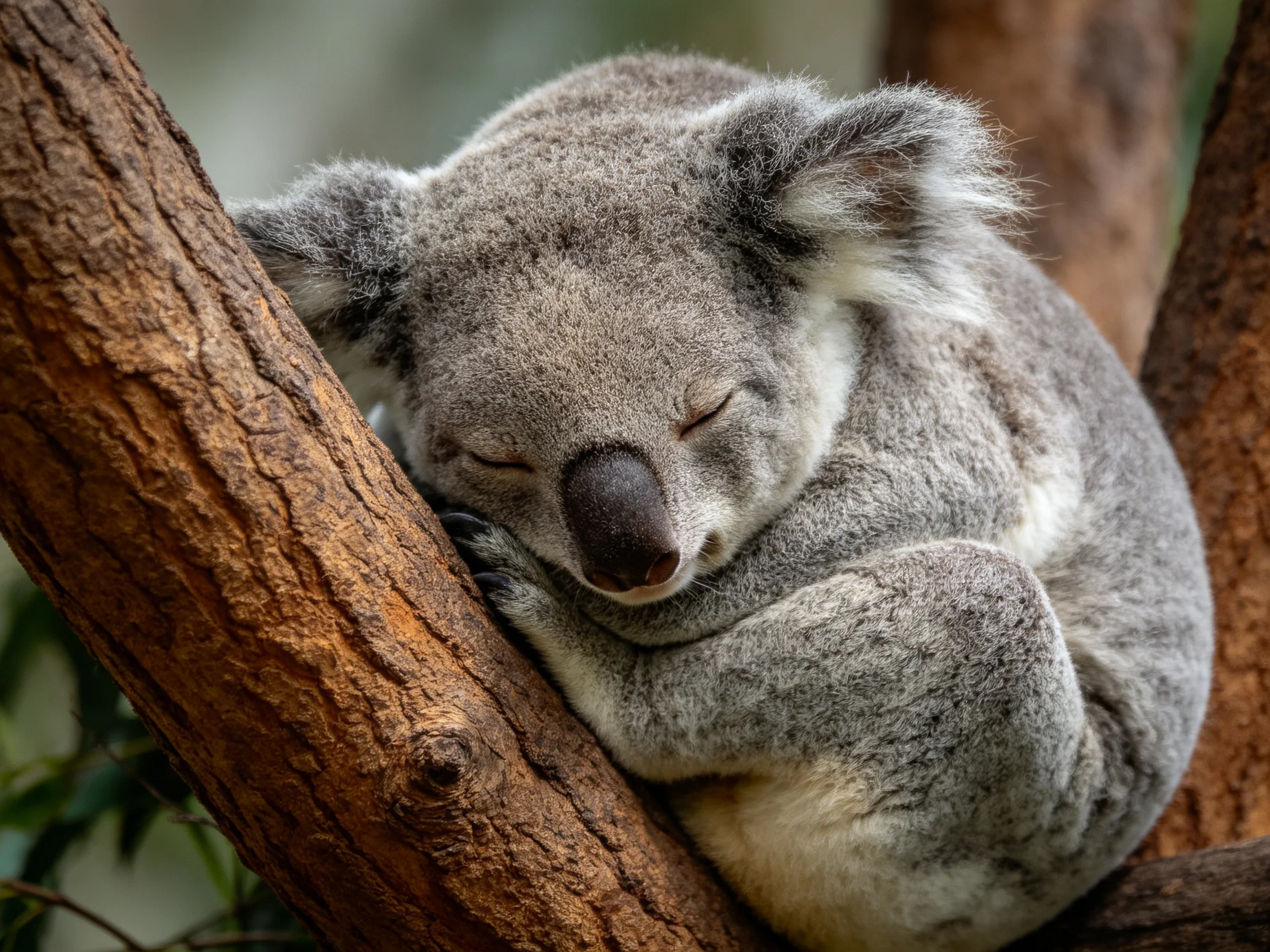 A sleepy koala curled around a textured brown tree branch