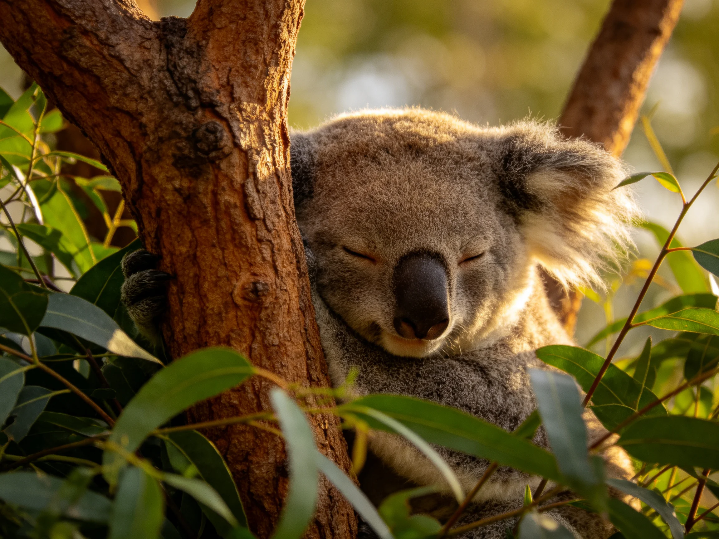A koala rests peacefully amid eucalyptus foliage in warm sunlight.