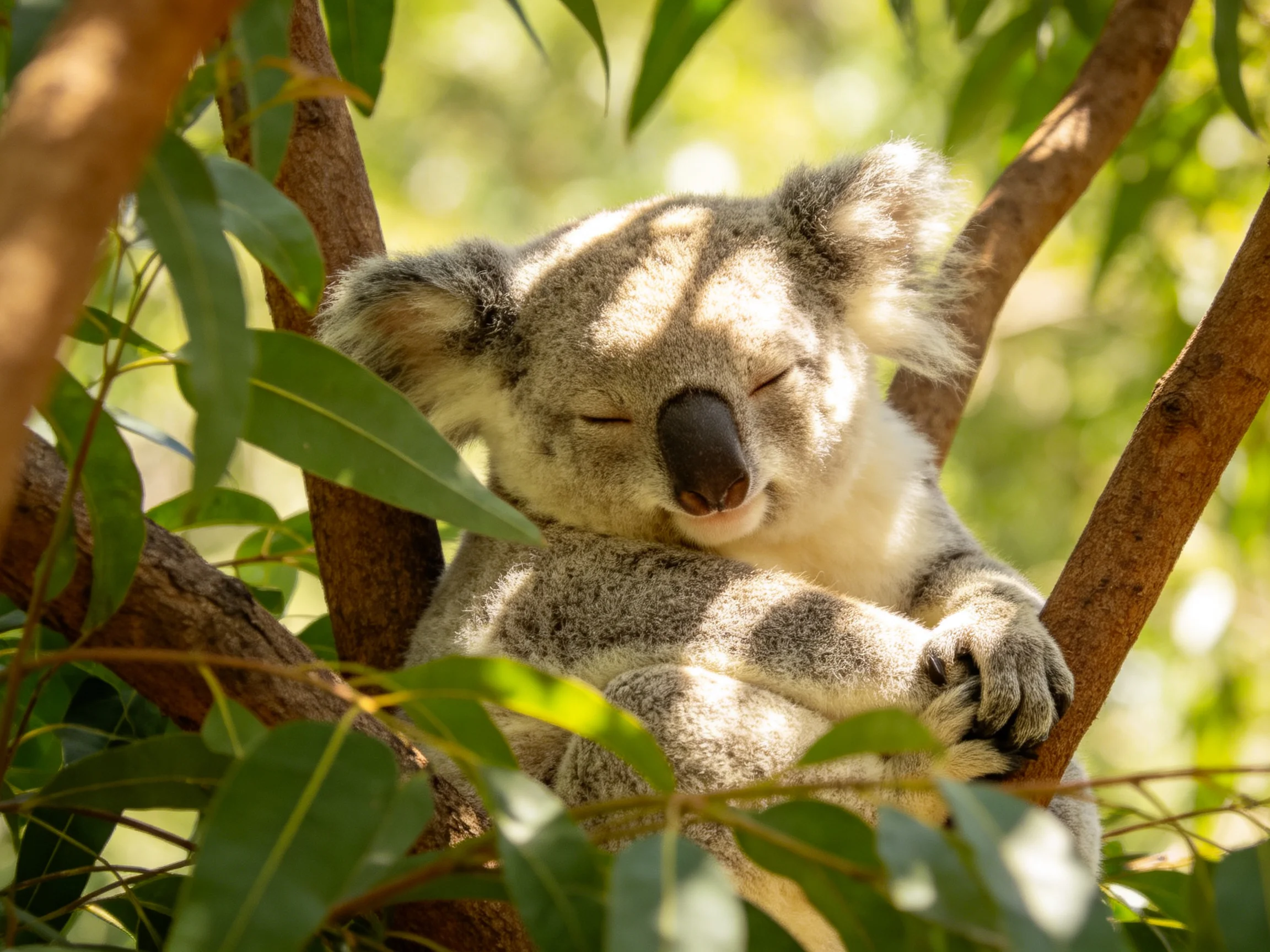 A sleepy koala rests amid vibrant green eucalyptus branches