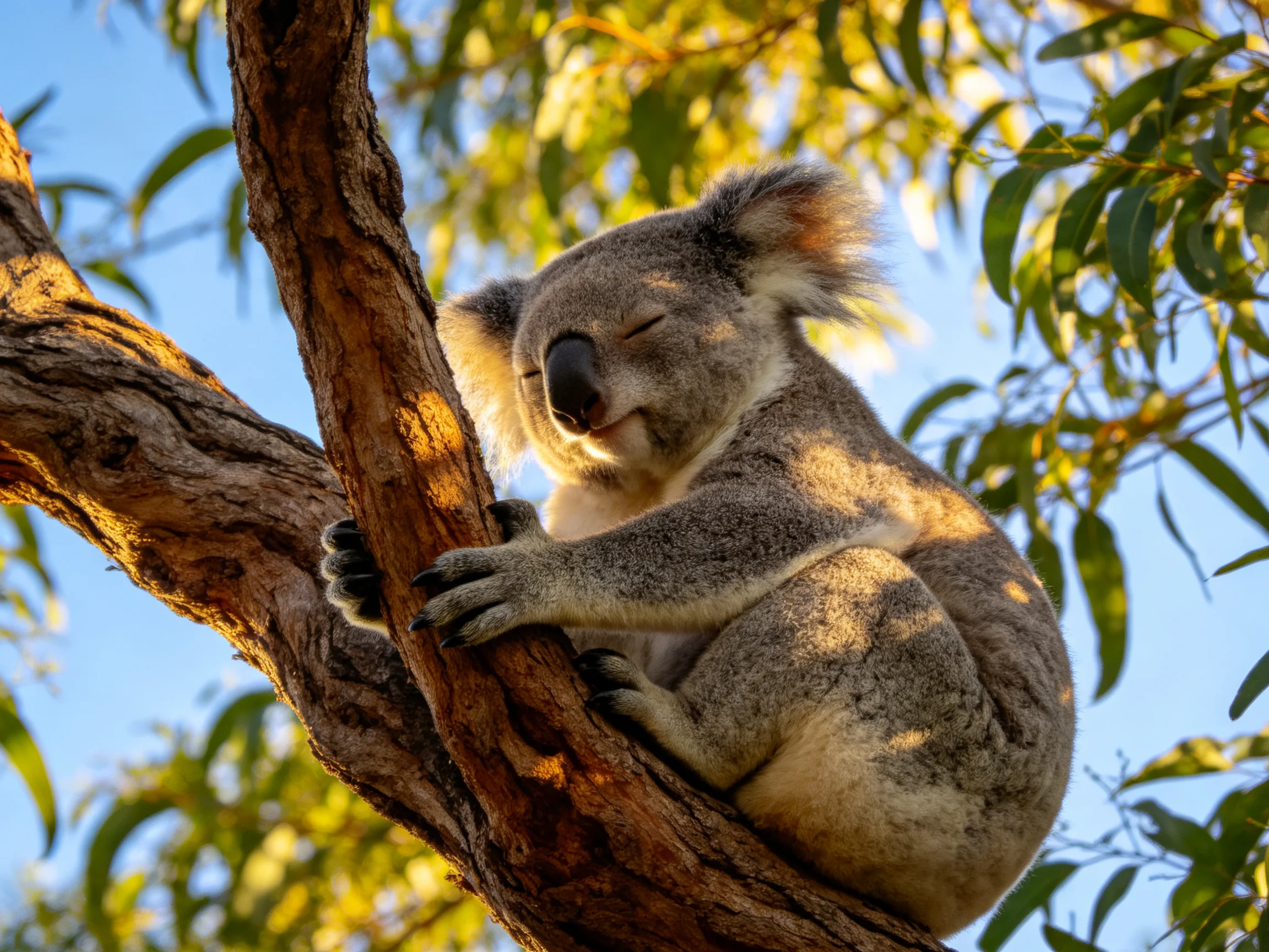 A sleepy koala rests on a gnarled eucalyptus branch in golden sunlight