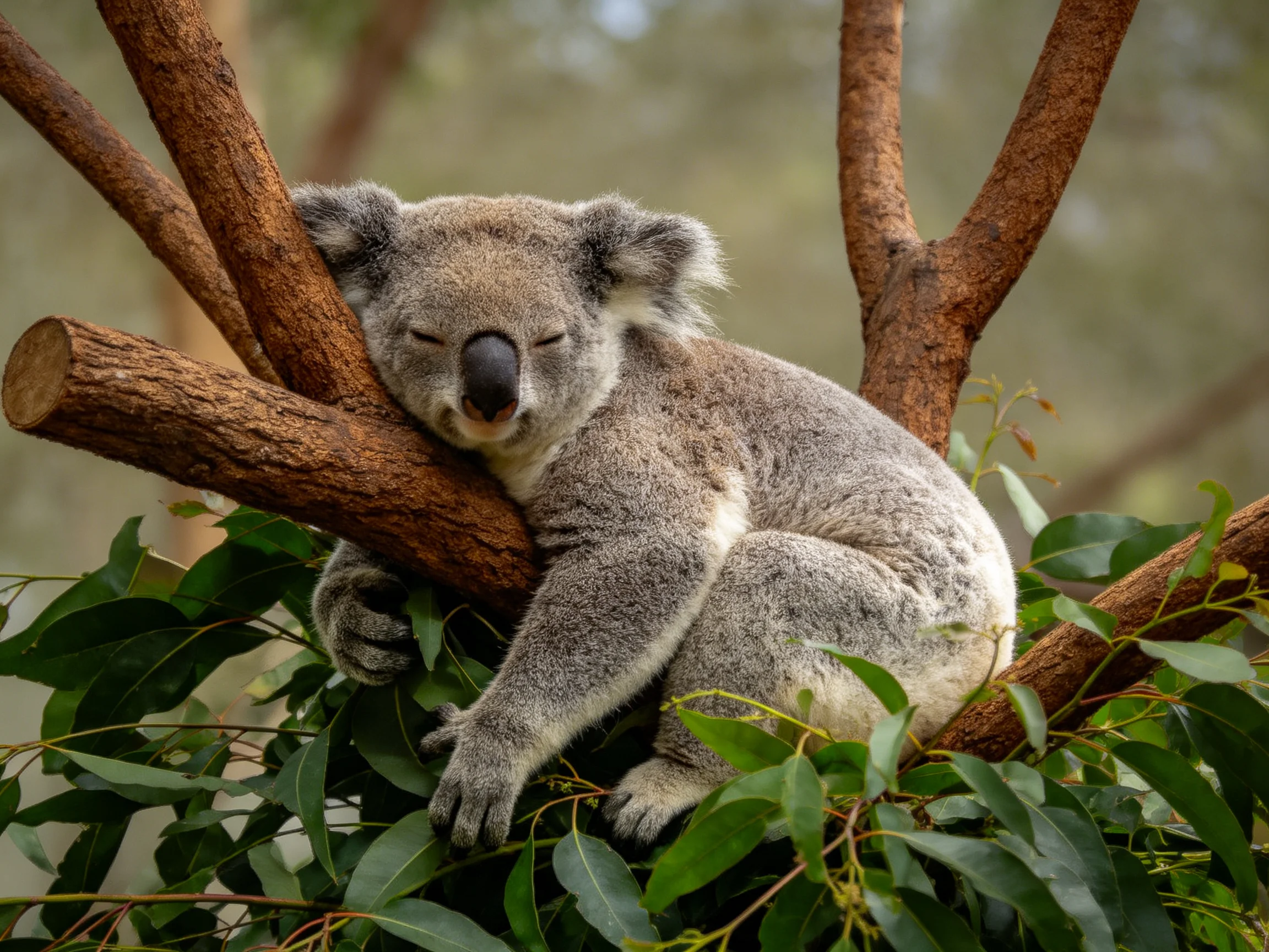 A sleepy koala rests on brown tree branches amid green foliage