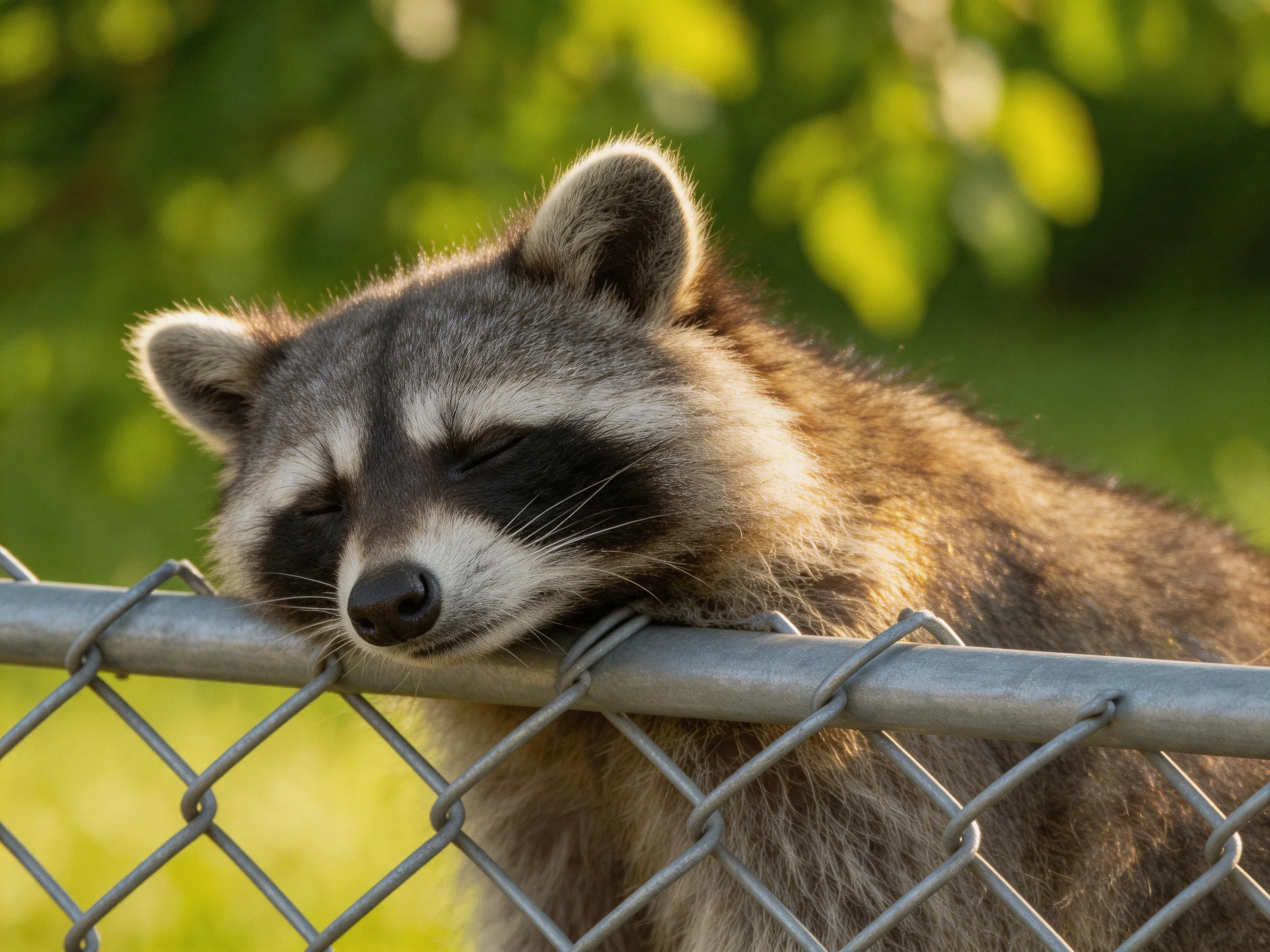 A sleepy raccoon rests against a silver chain-link fence with green foliage