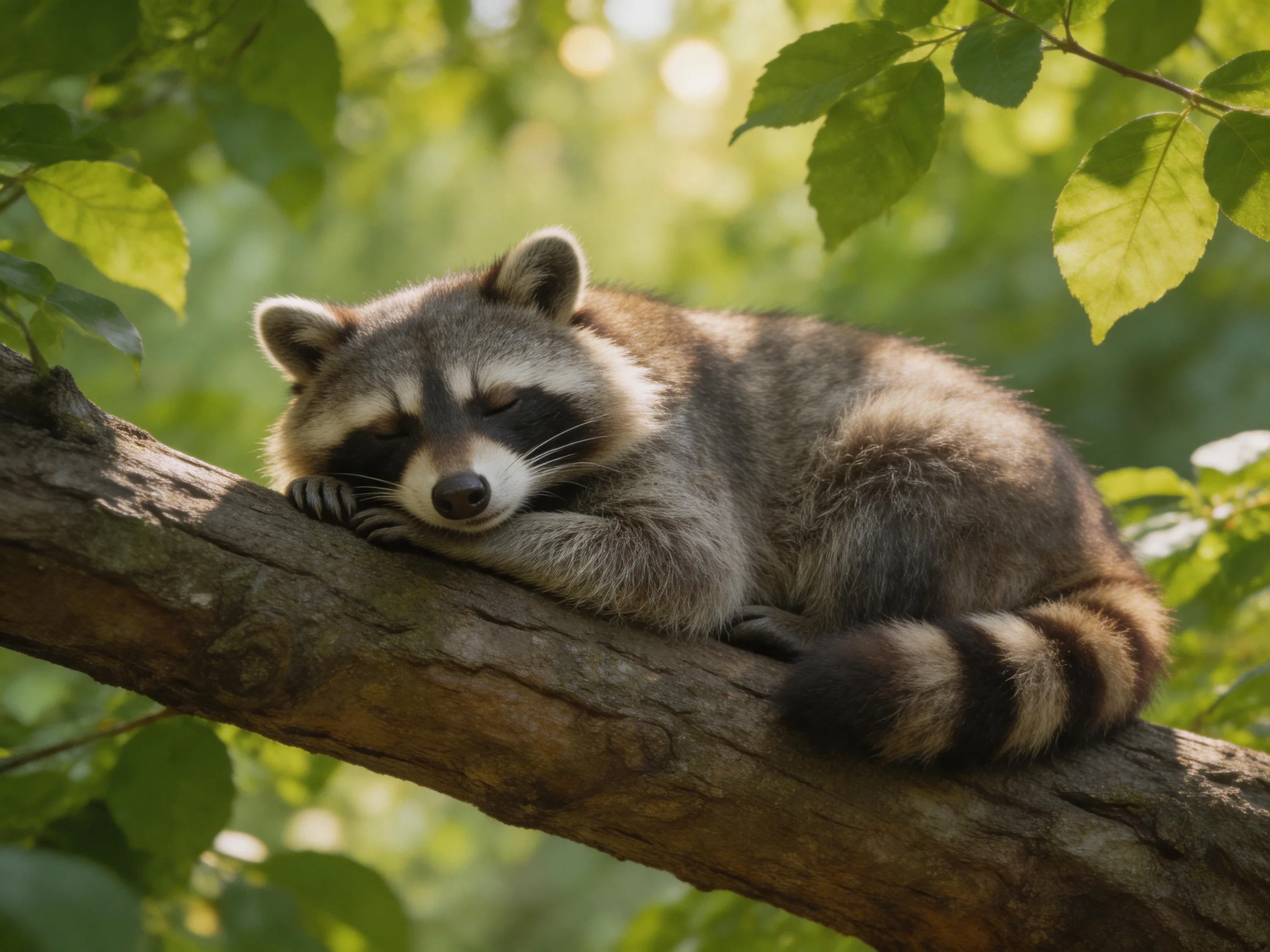 A sleepy raccoon rests on a thick brown tree branch amid lush green foliage