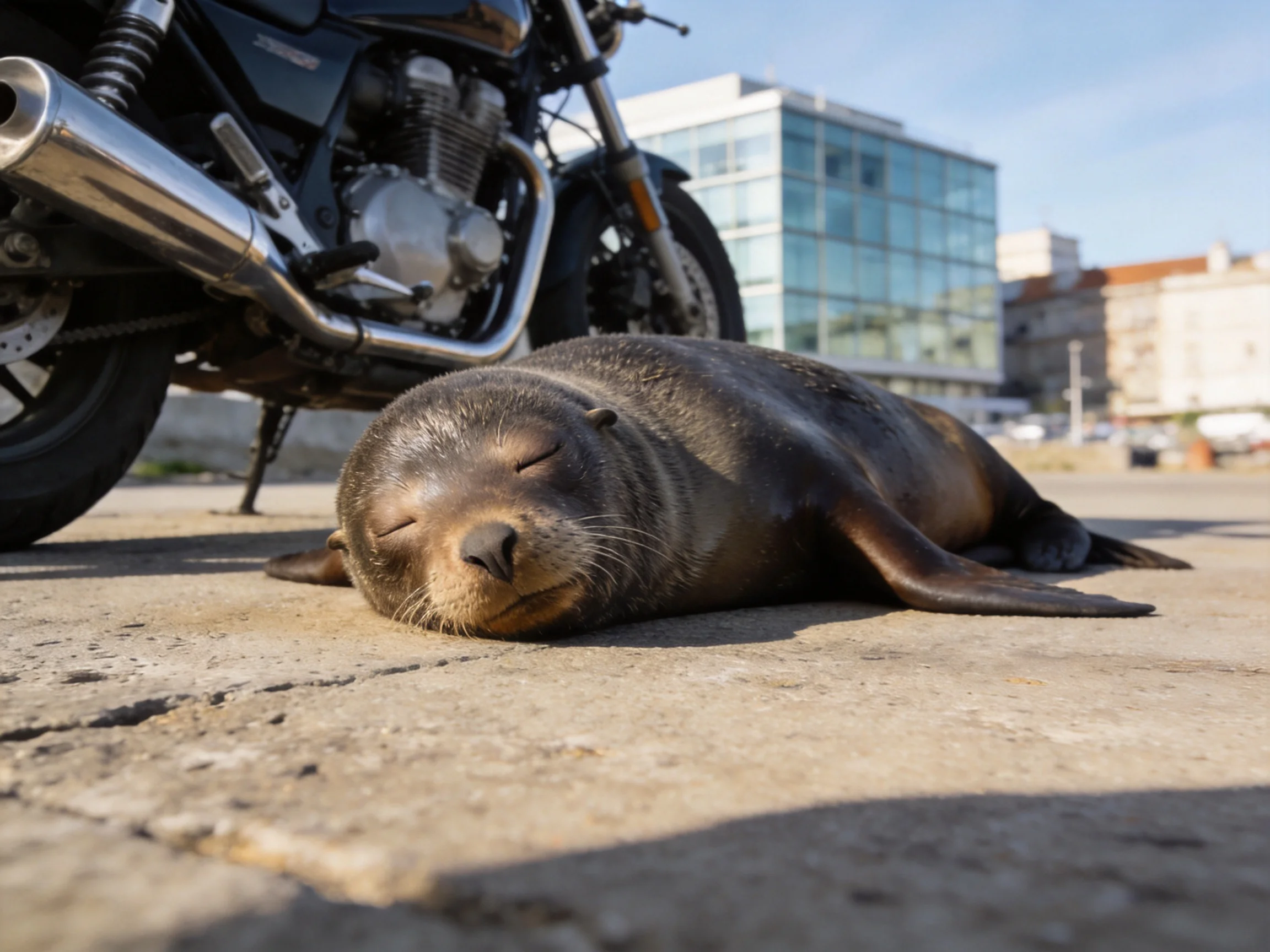 A sleepy sea lion rests beside a black motorcycle near glass-fronted buildings