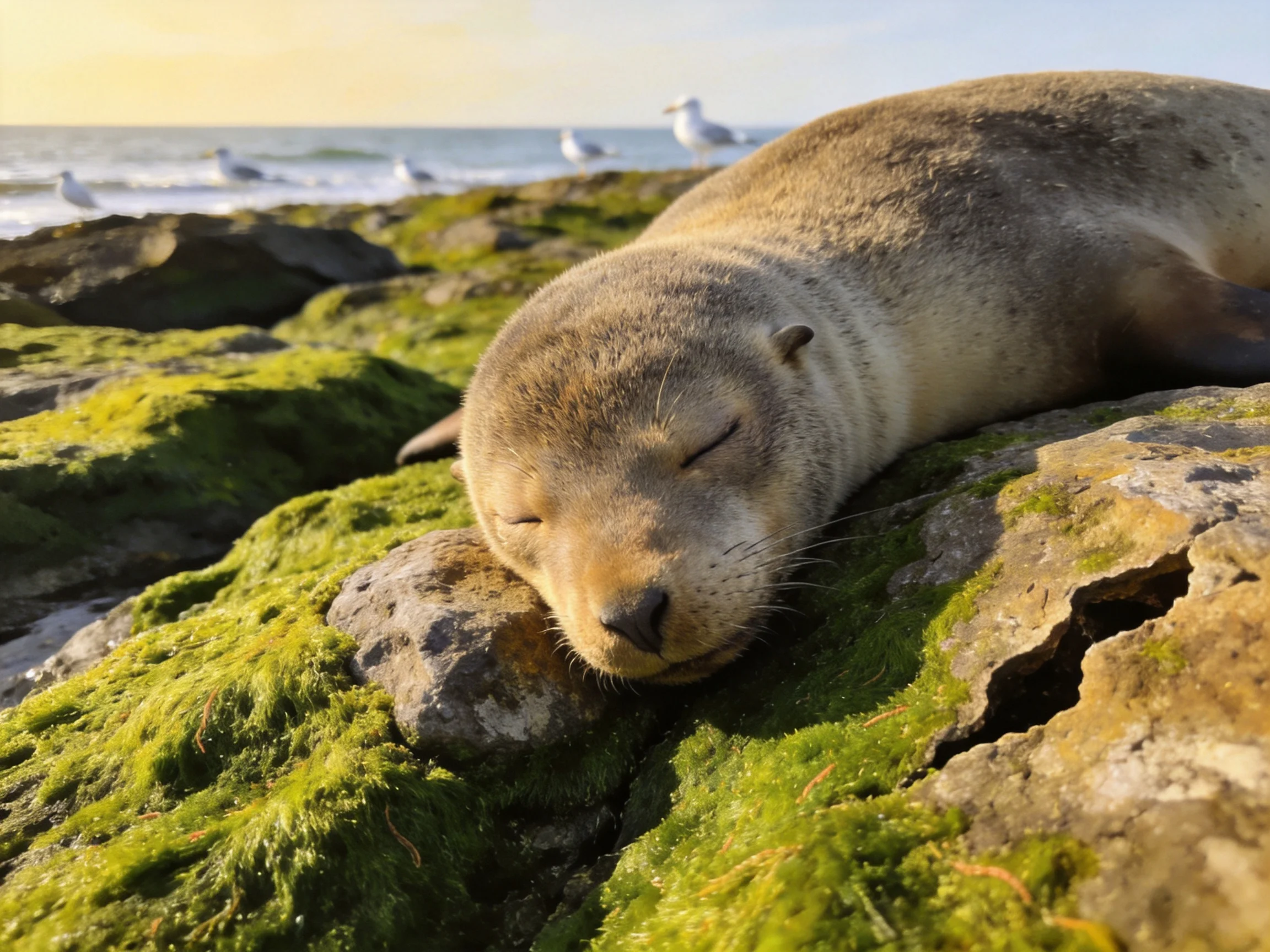 A sleepy seal rests on moss-covered coastal rocks by the ocean