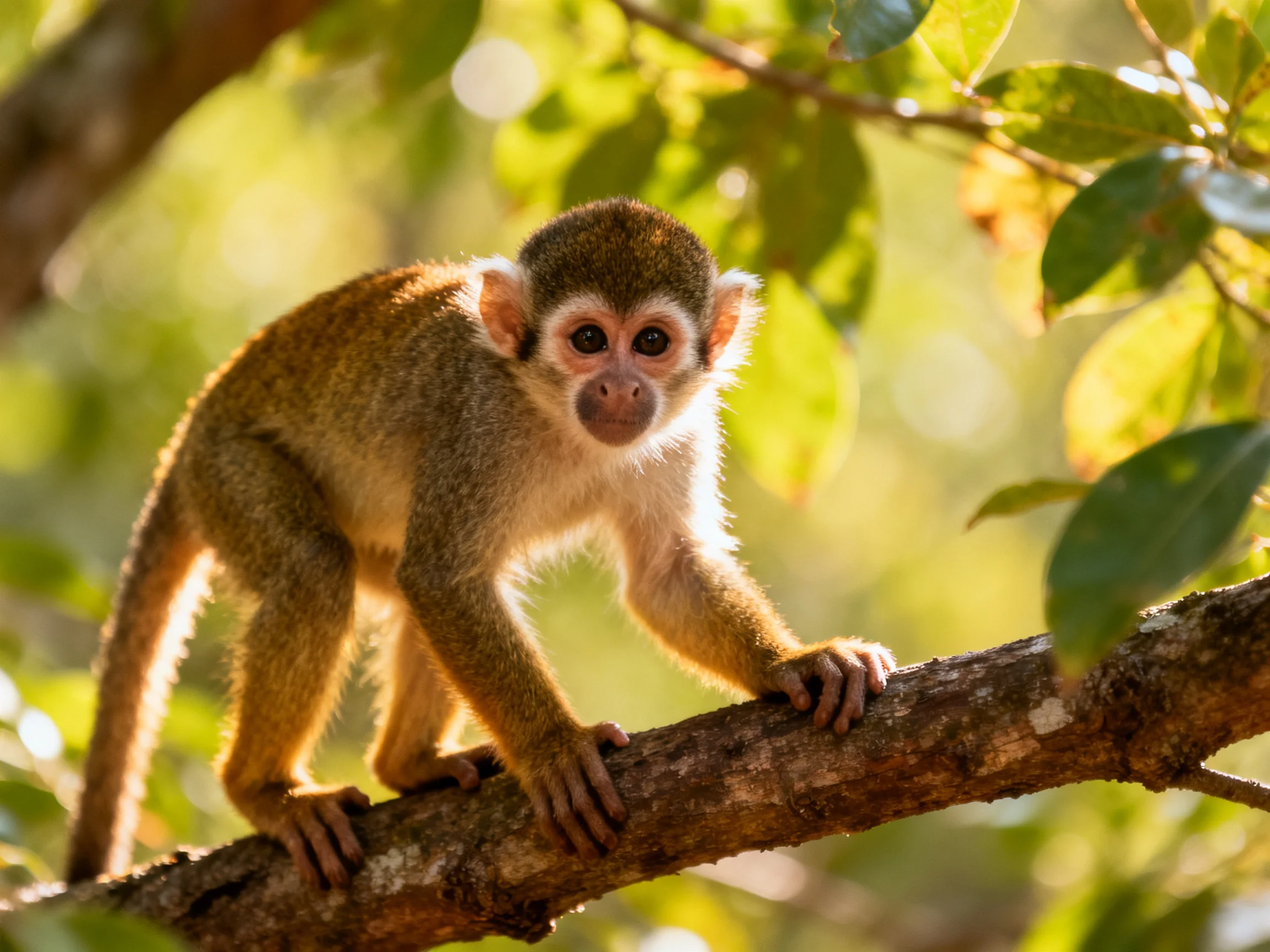 A slender brown monkey climbs a thick tree branch among lush green leaves