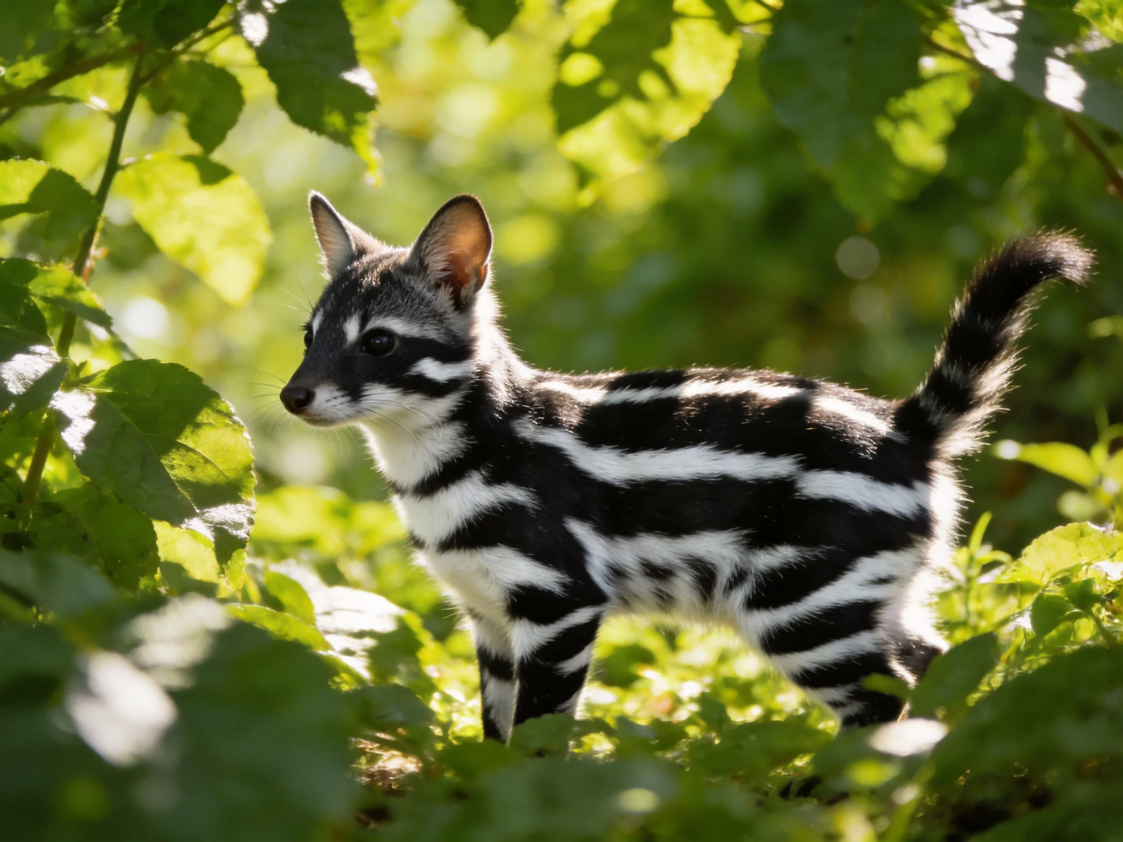 A small black-and-white striped mammal in lush green foliage