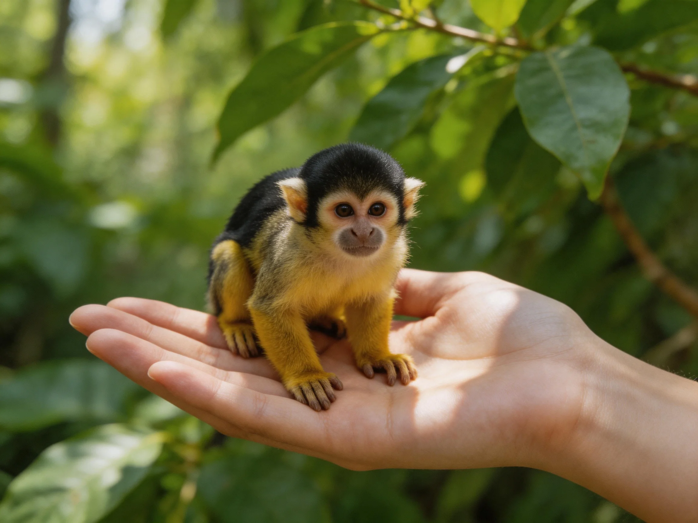 A tiny monkey with black and yellow fur rests on a persons open palm surrounded by greenery