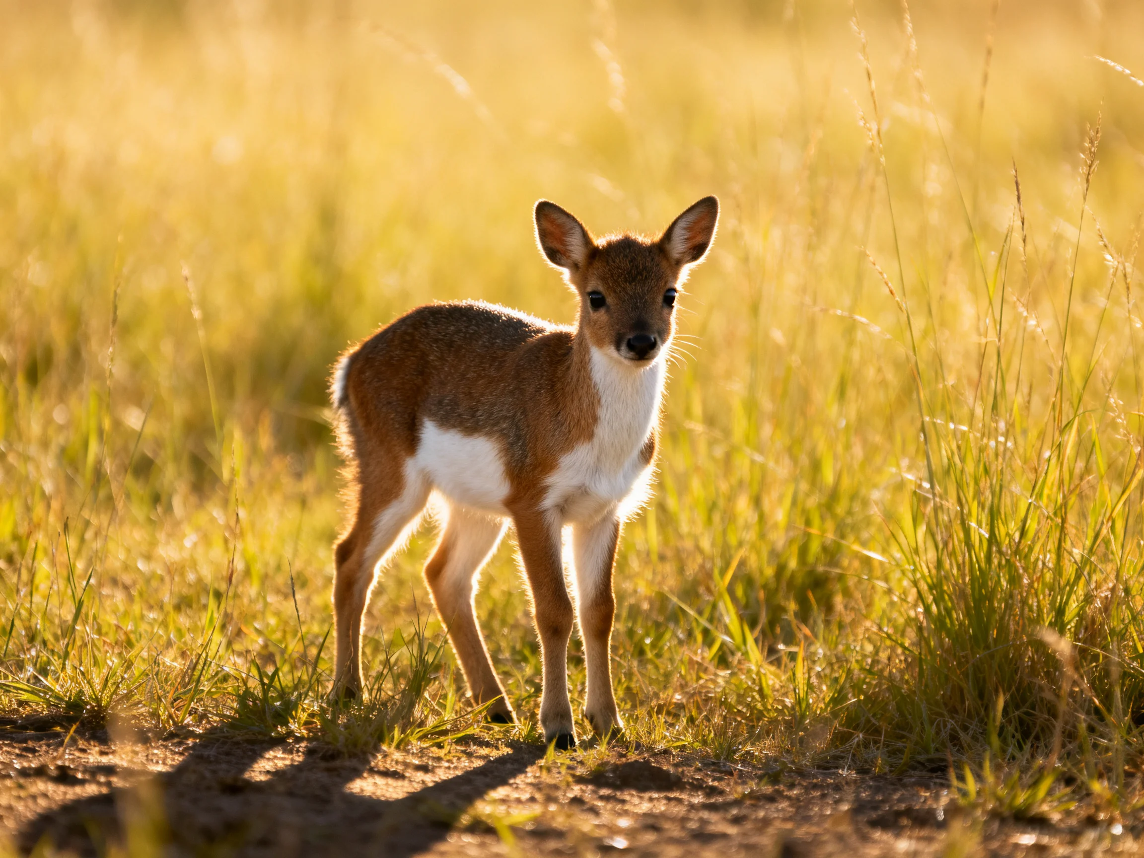 A young deer stands alone among tall golden grasses in sunlight.
