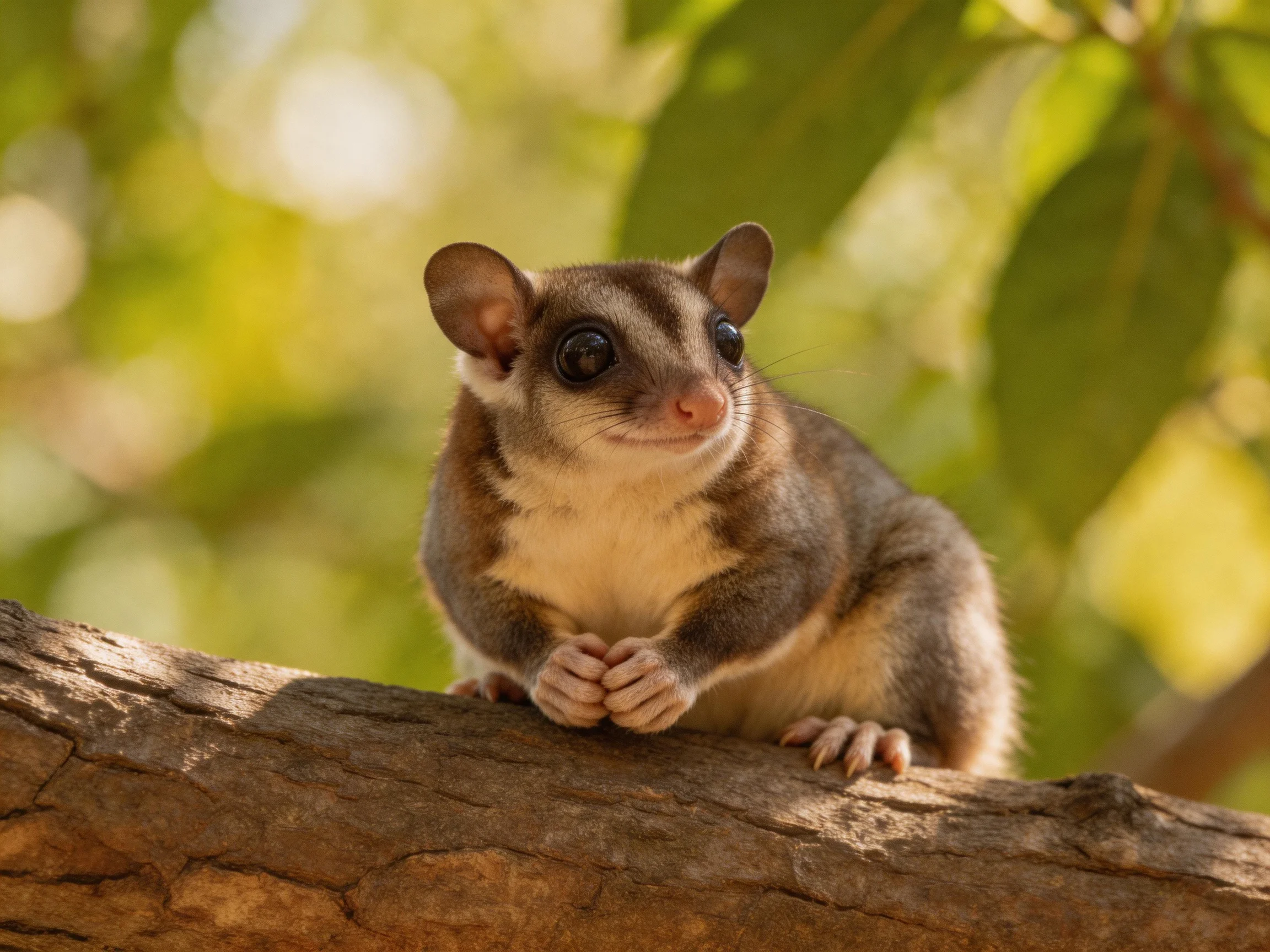 A small brown-and-white marsupial sits calmly on a tree branch in a sunlit forest setting.