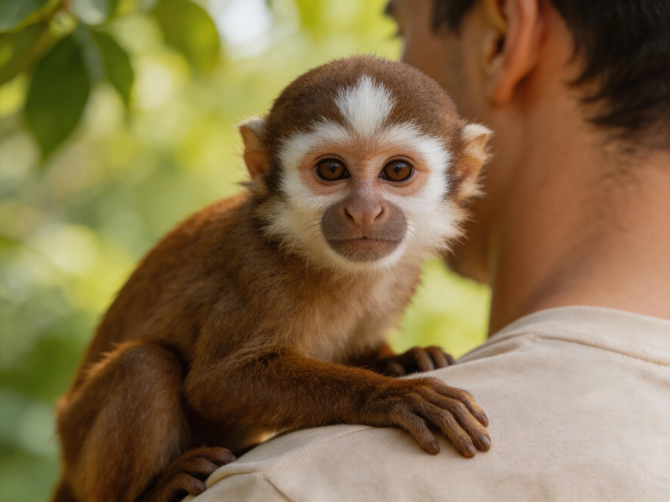 A small brown-and-white monkey sits calmly on a persons shoulder among greenery.