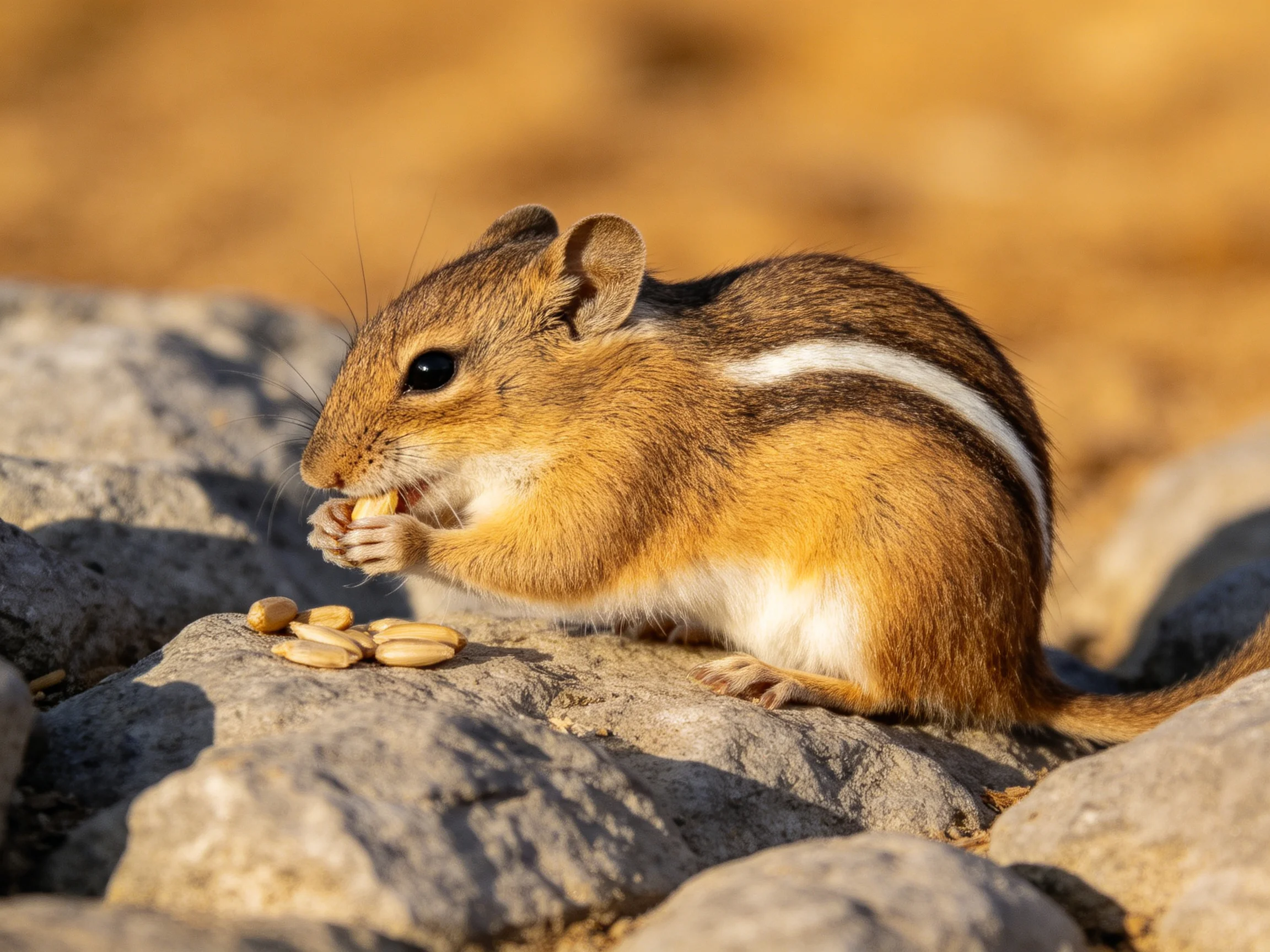 A small brown and white striped rodent eats seeds on rocks.