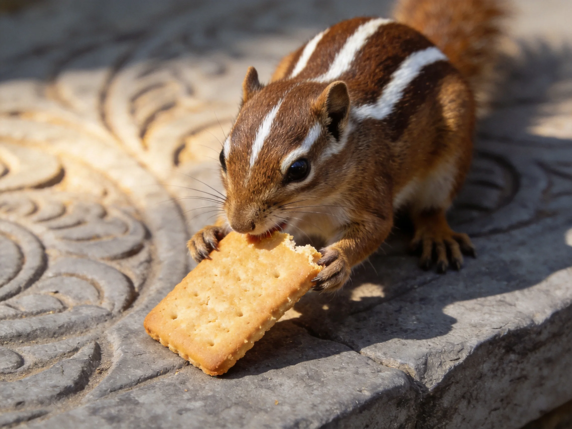 A small brown and white striped squirrel eating a golden biscuit on intricately carved stone