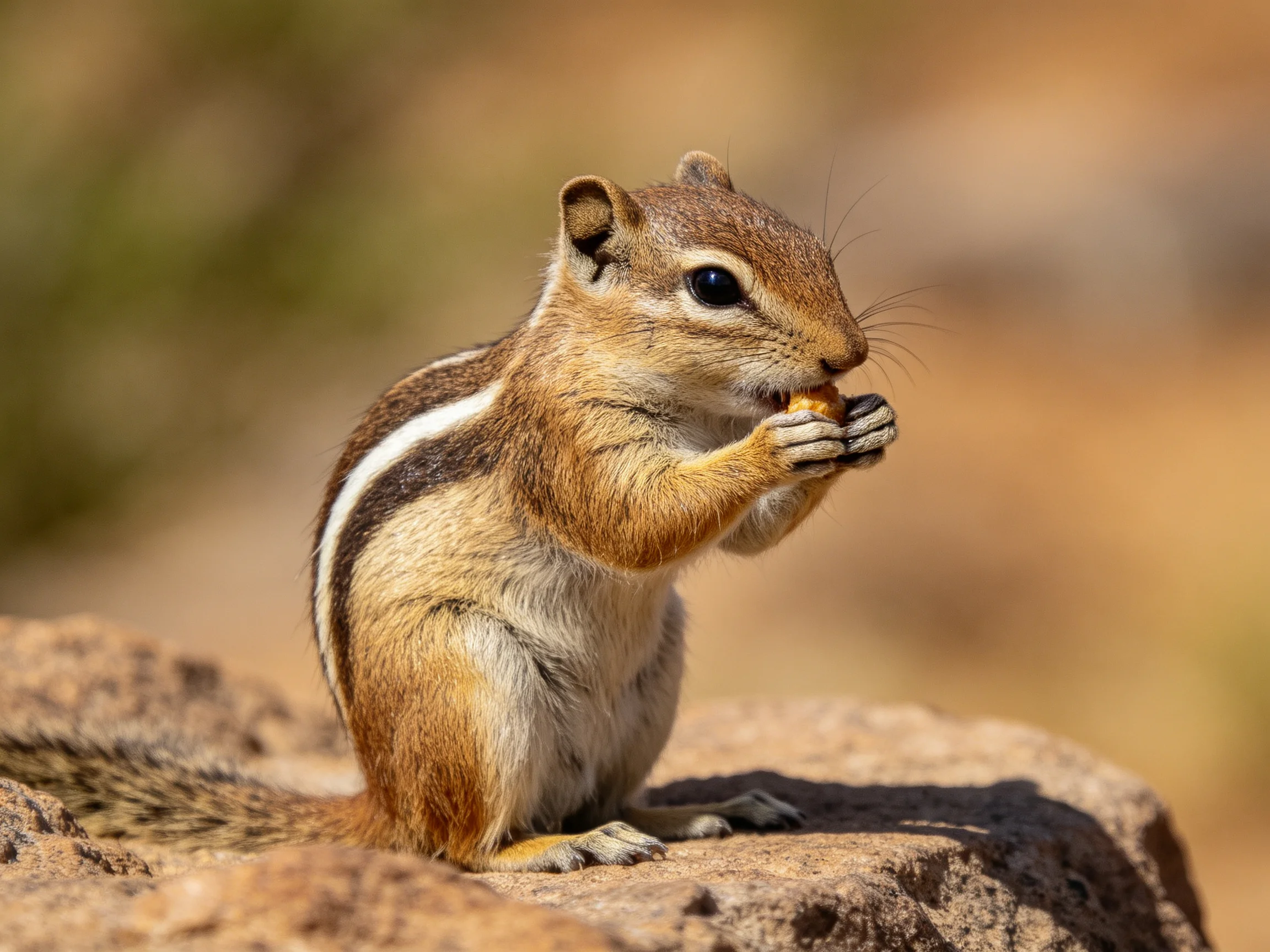 A small brown and white striped squirrel eats while sitting on rocks.
