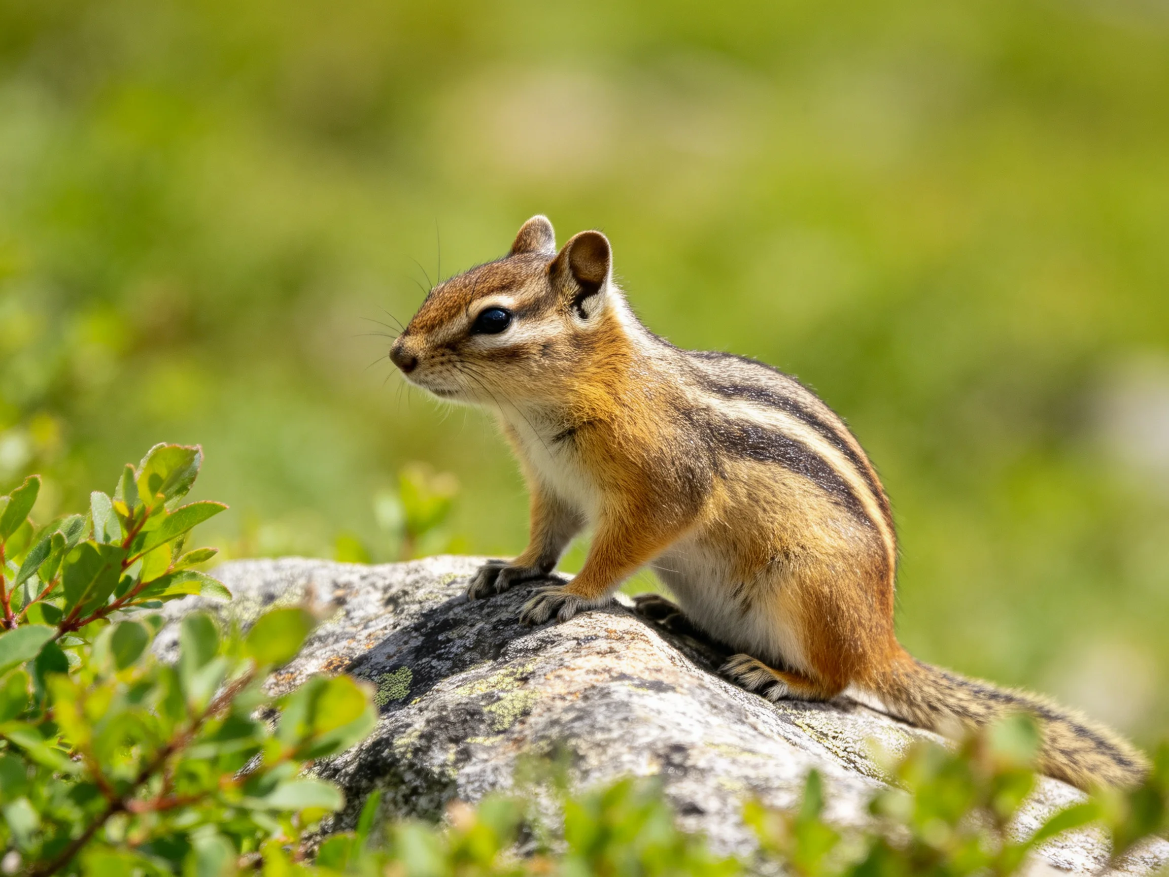 A small brown chipmunk with black stripes sits on a mossy rock near green foliage
