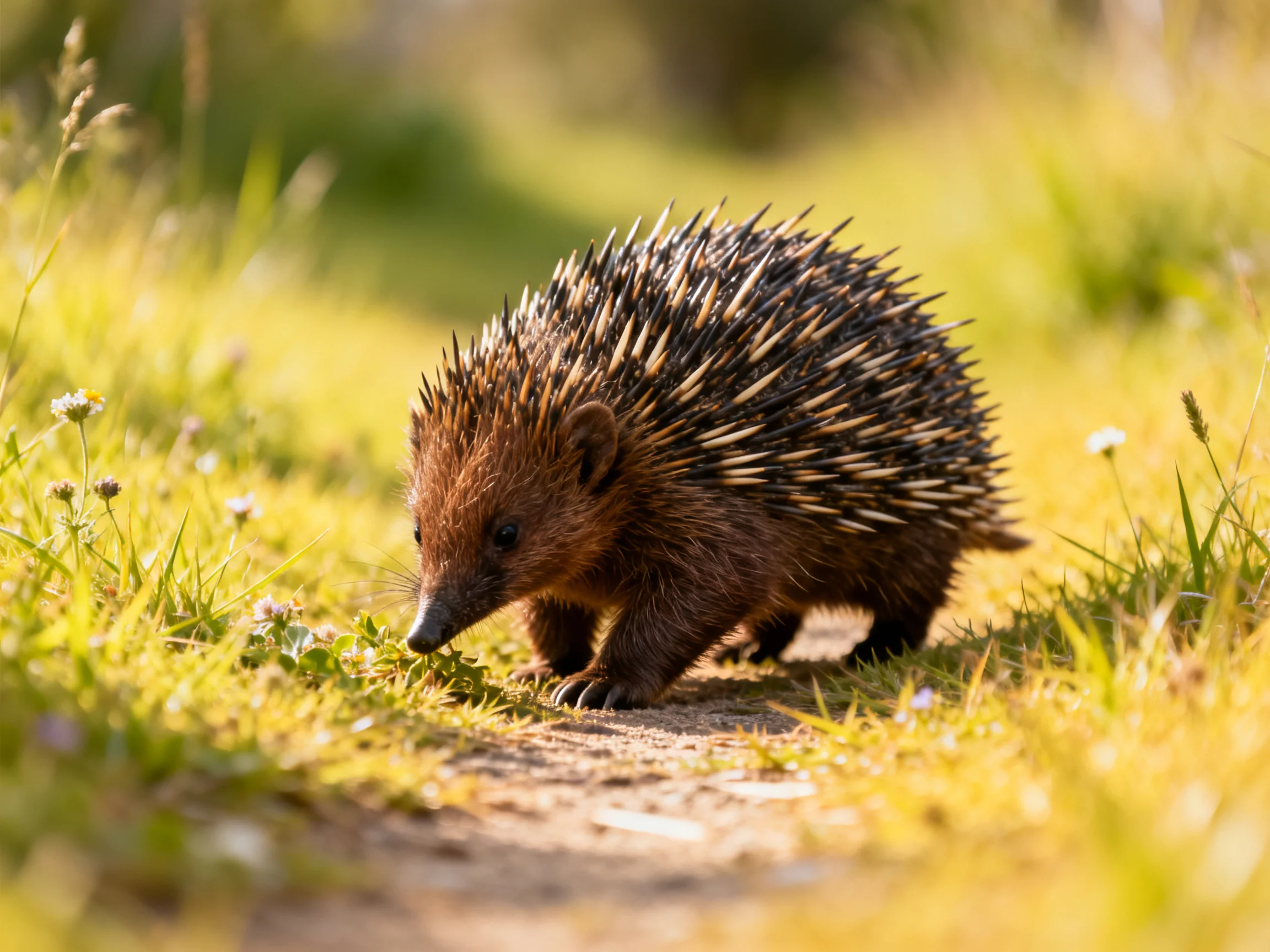 A small brown echidna forages near grass and wildflowers on a sunlit path.