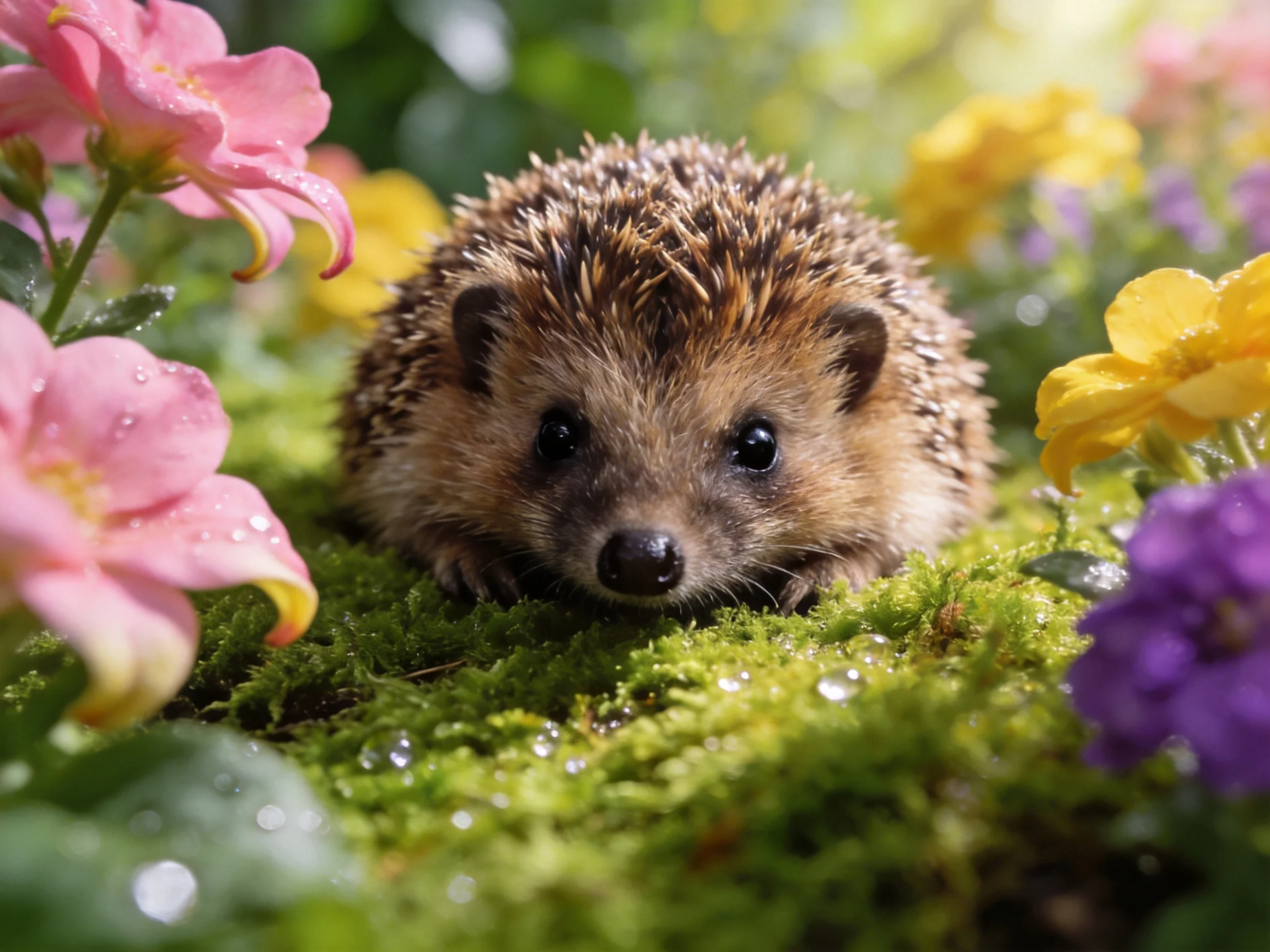 A small brown hedgehog among colorful flowers and soft moss