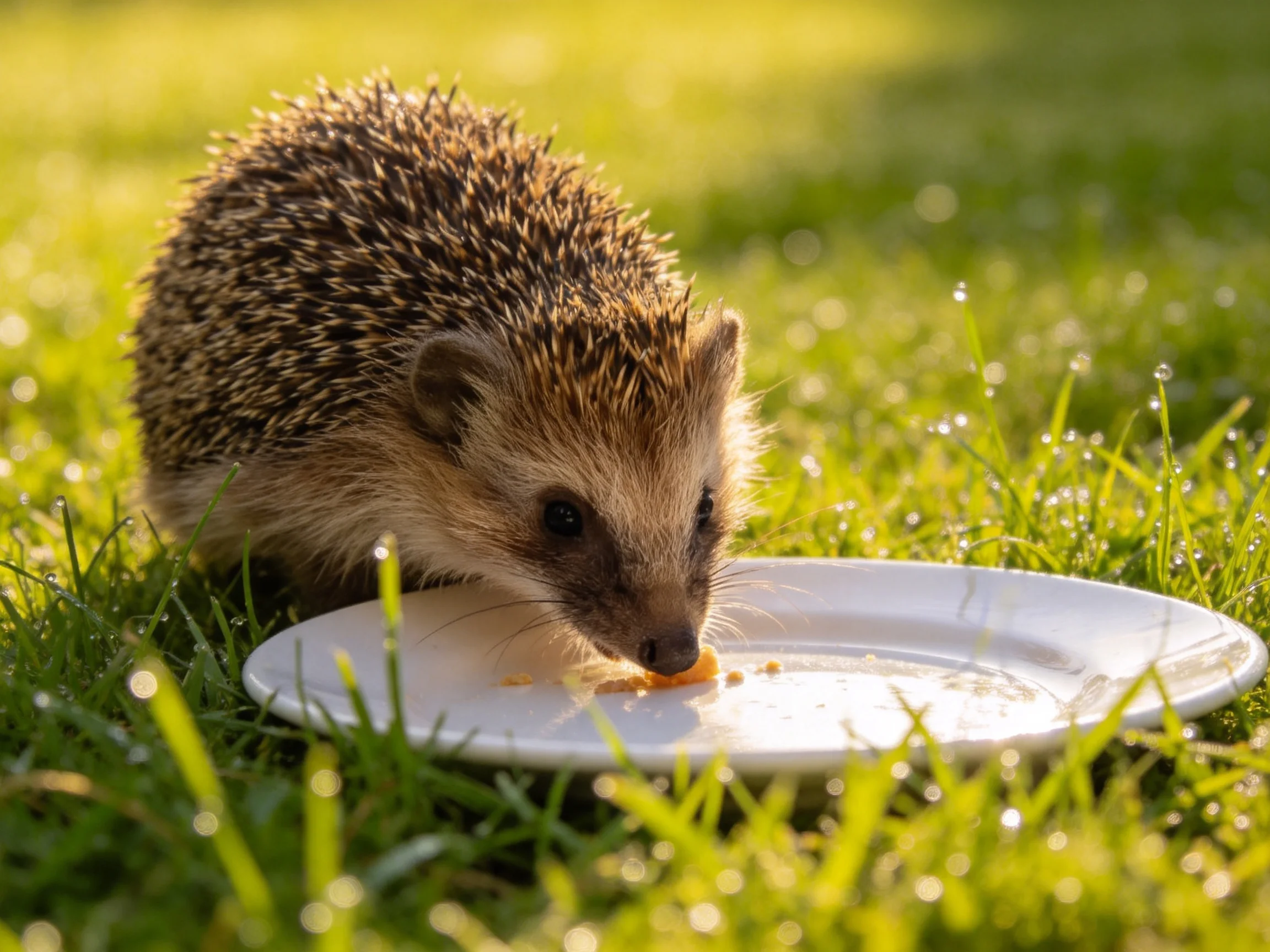 A small hedgehog feeds from a white plate in a sunlit grassy area.