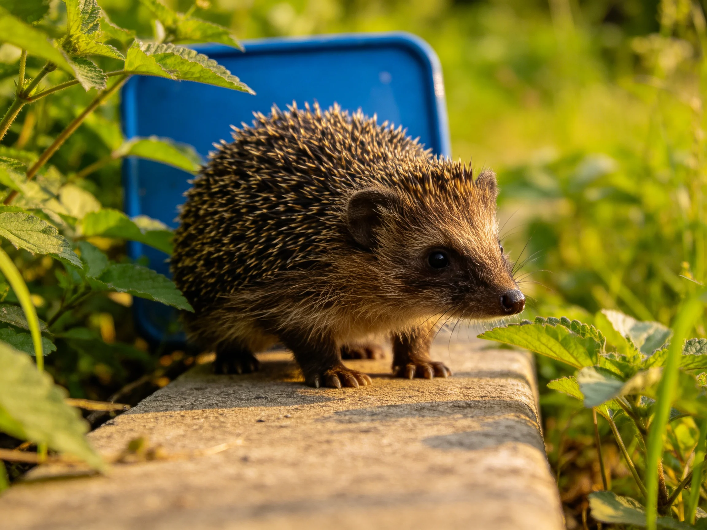 A small brown hedgehog explores near a blue container outdoors.