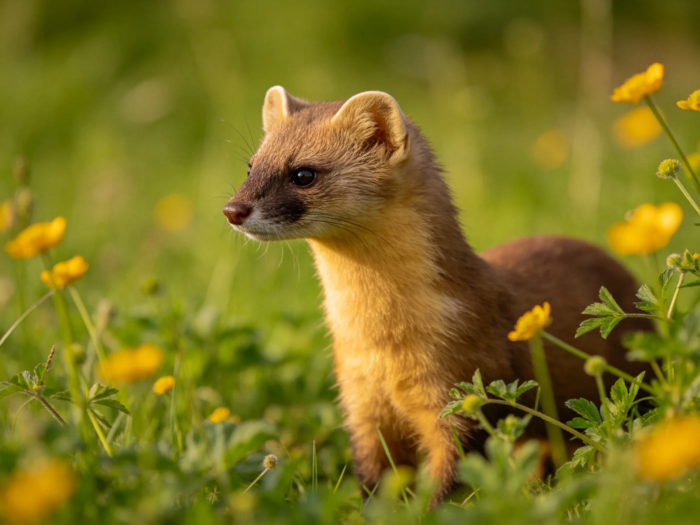 A small brown mammal amidst bright yellow wildflowers in green meadow