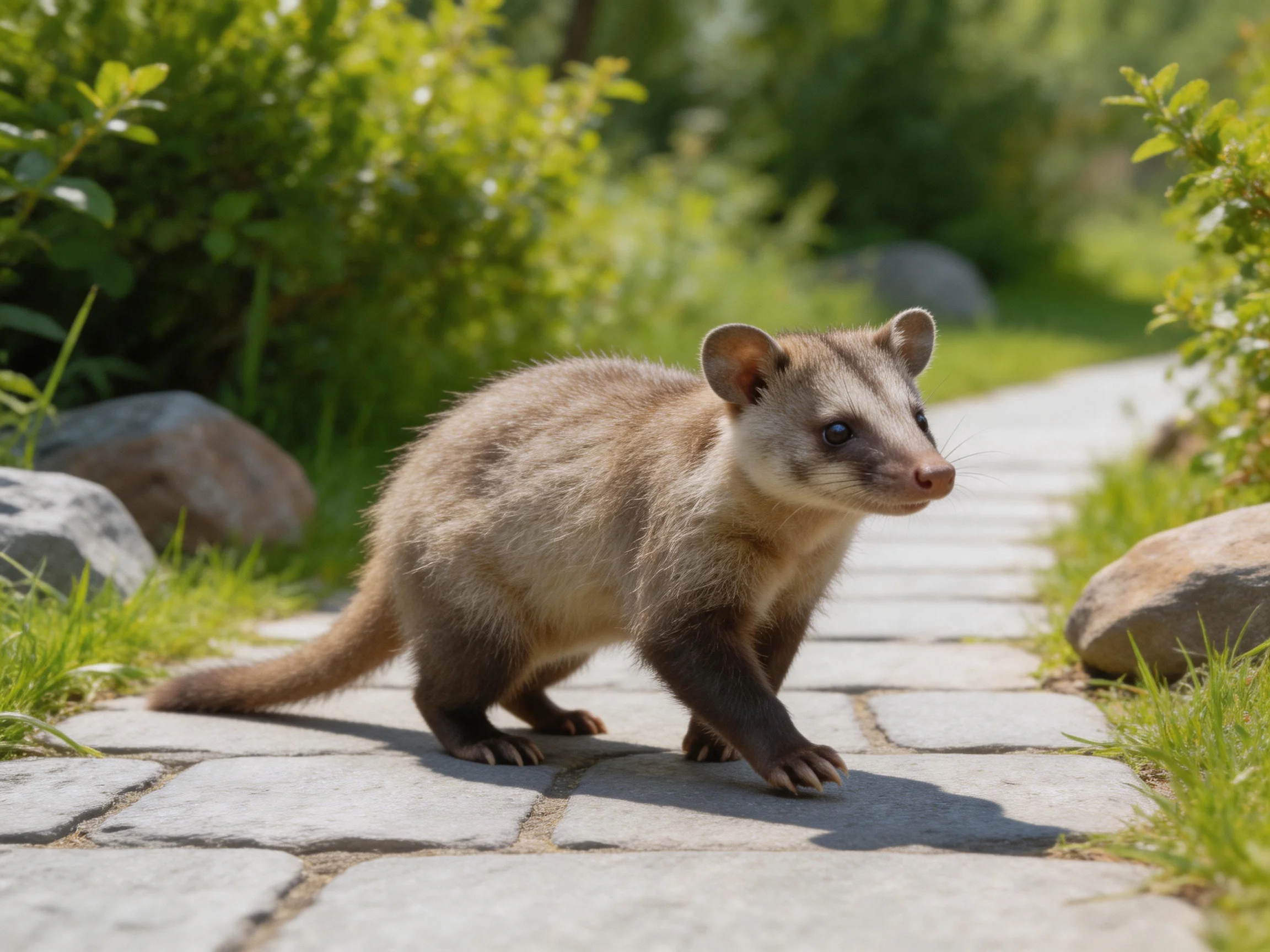 A small brown mammal explores a stone pathway amid lush greenery