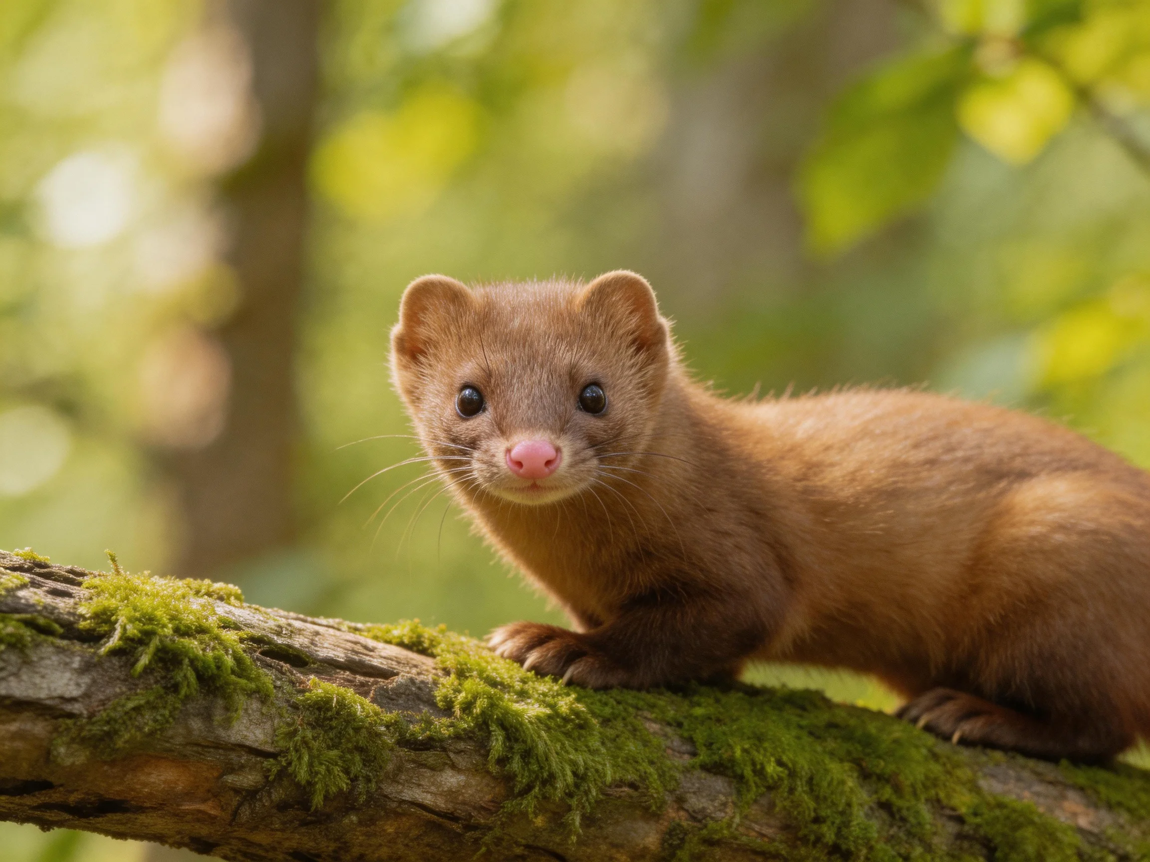 A small brown mammal perched on a moss-covered tree branch