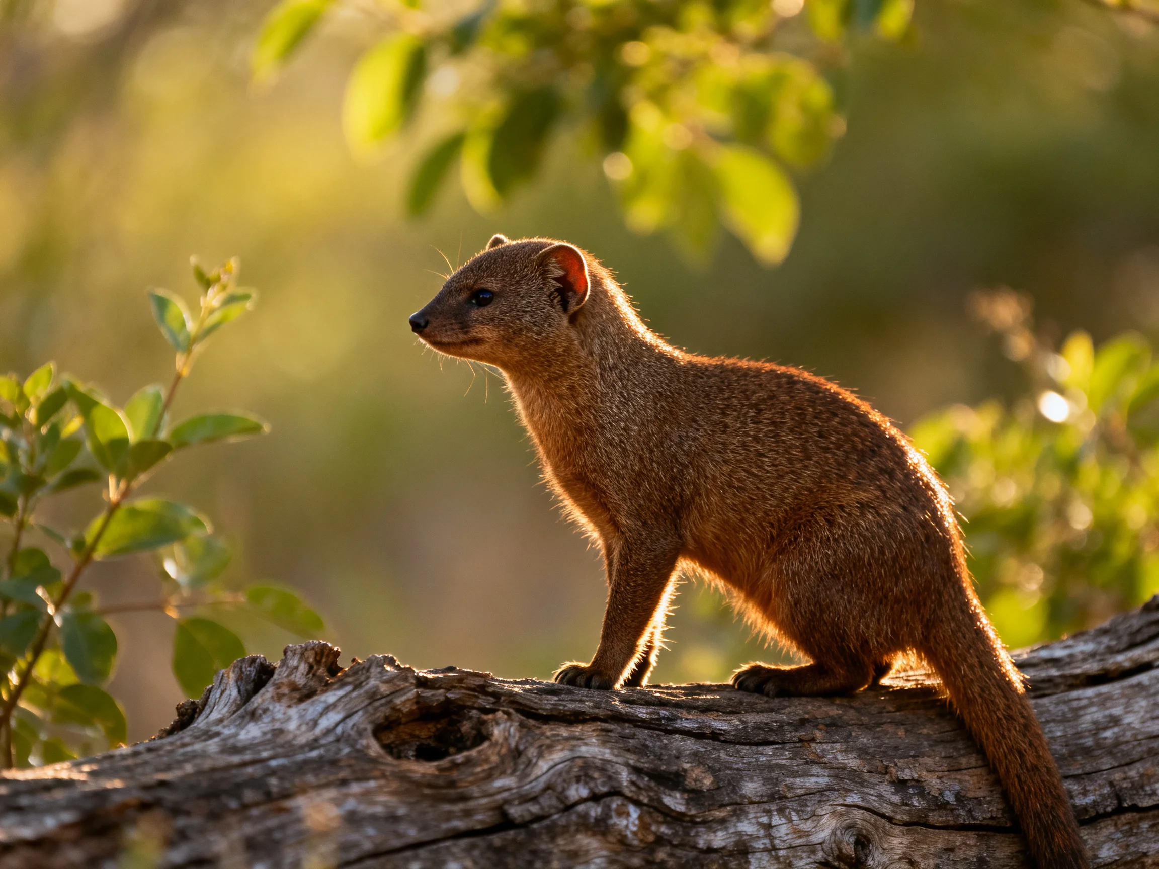 A small brown mammal perches on a gnarled tree trunk near greenery