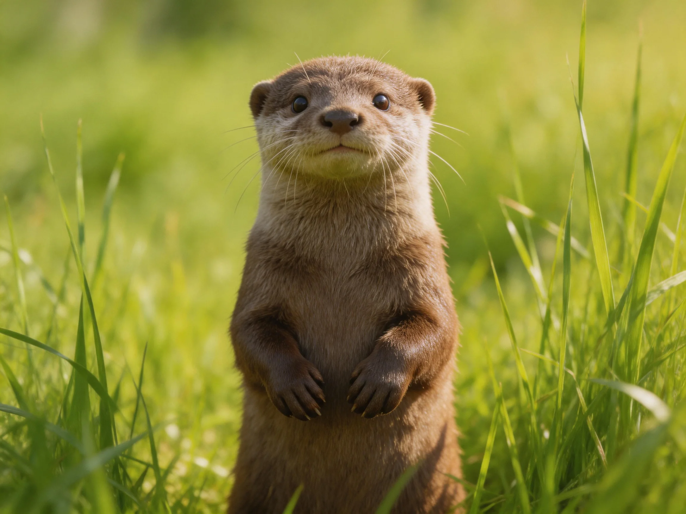 A small brown mammal stands upright amid lush green grass