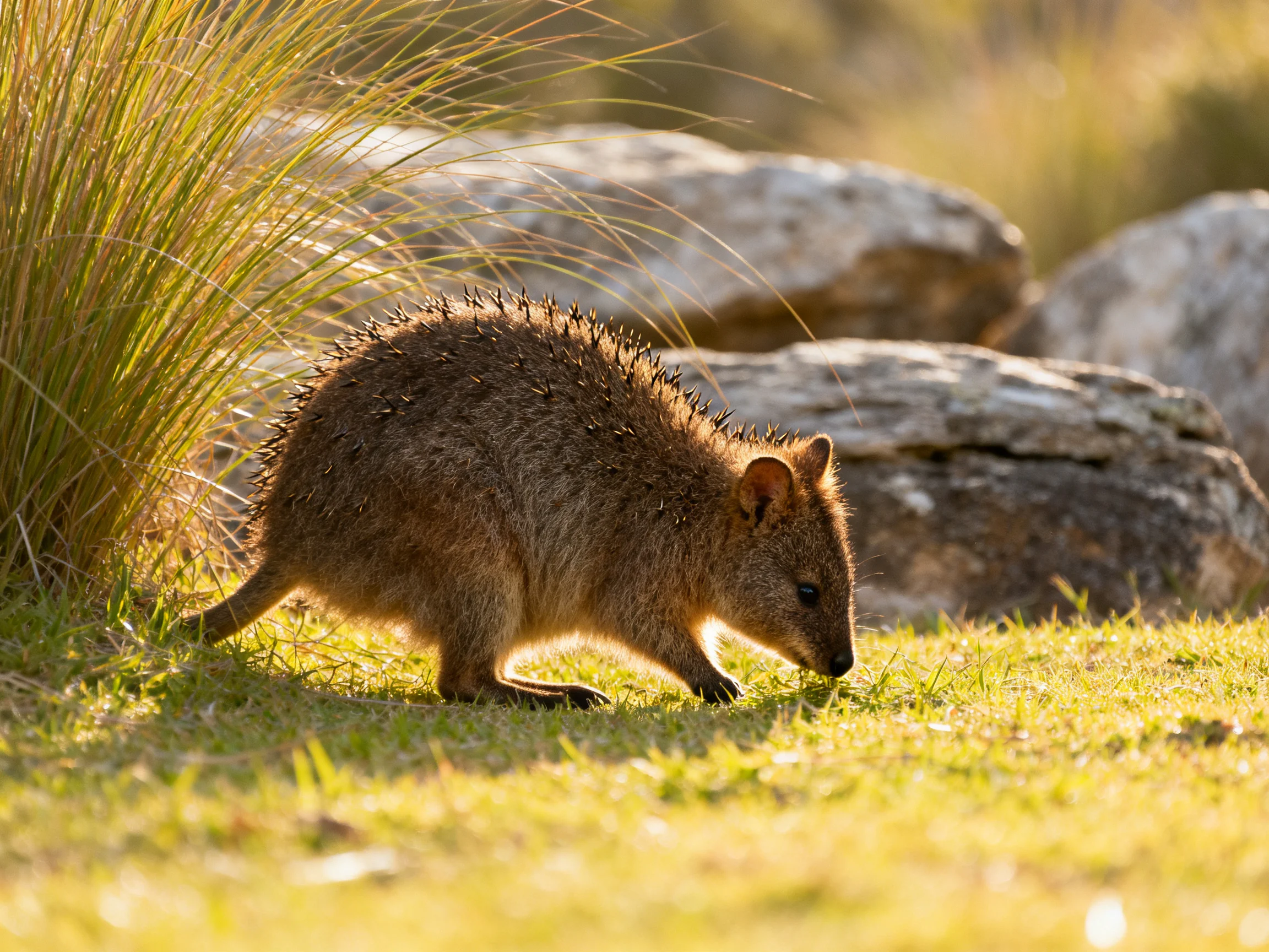 A small brown marsupial explores golden grass near gray rocks