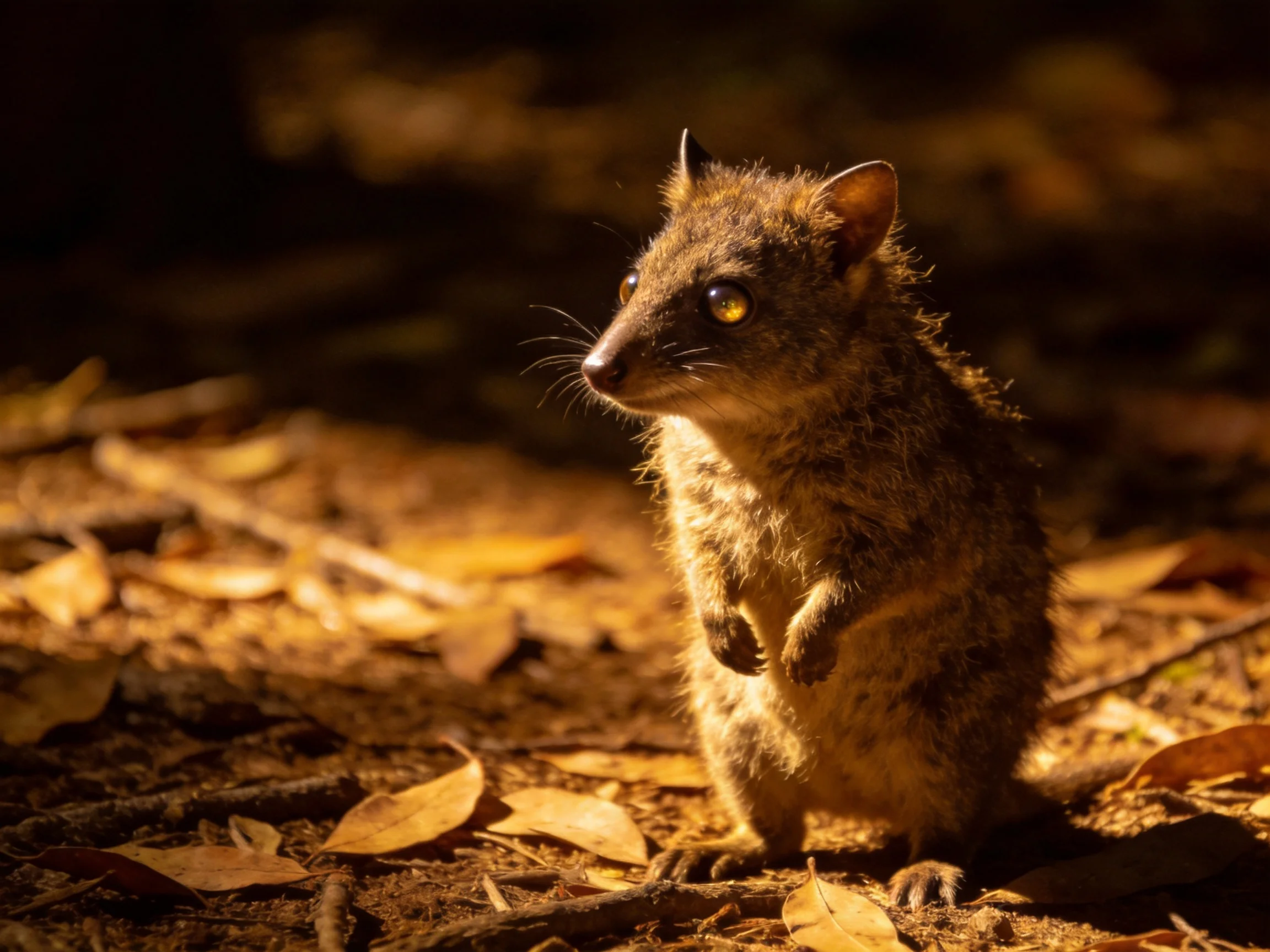 A small brown marsupial stands amid golden fallen leaves on earthy ground