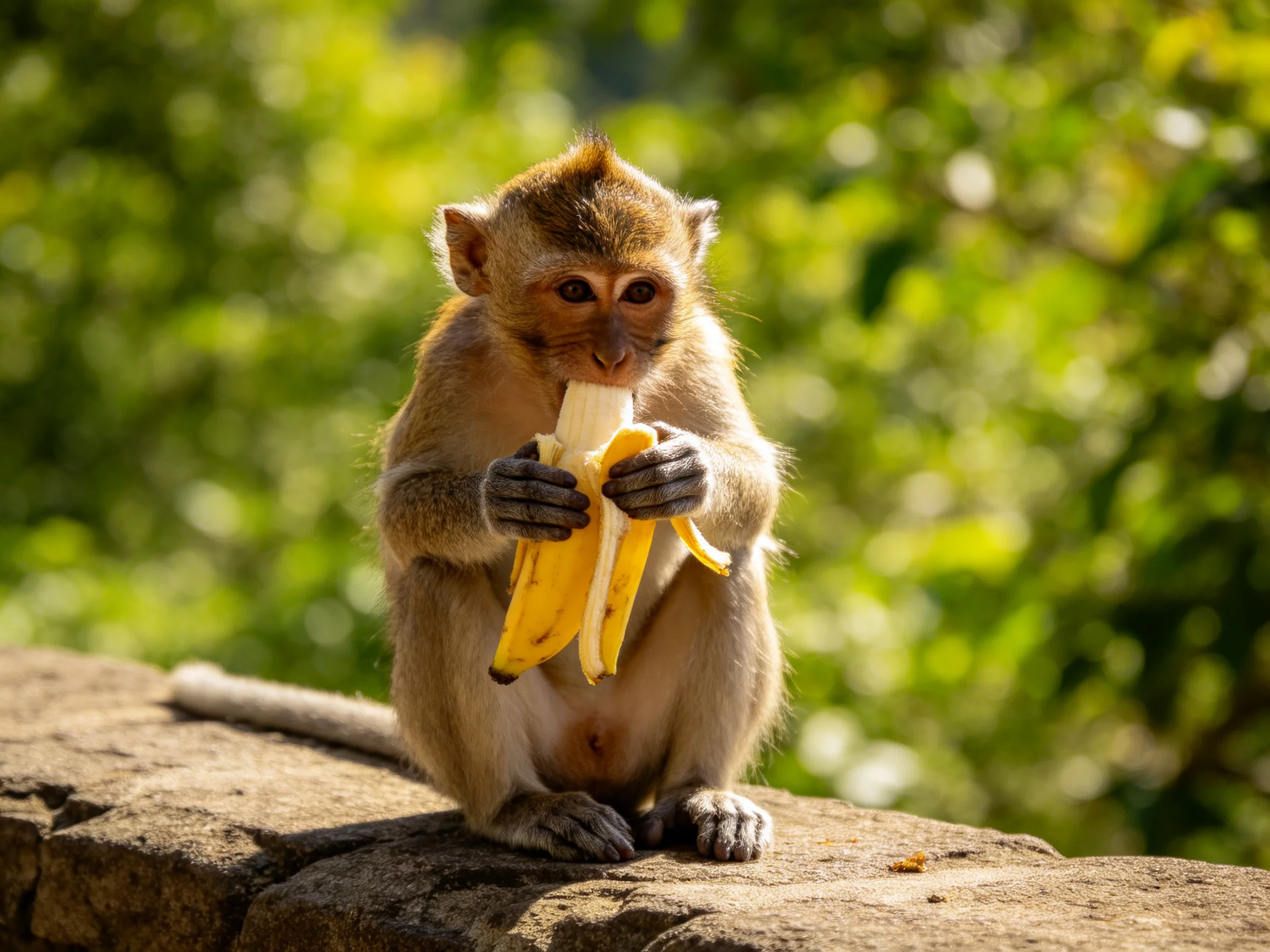 A small monkey enjoys bananas while sitting on a stone ledge outdoors.