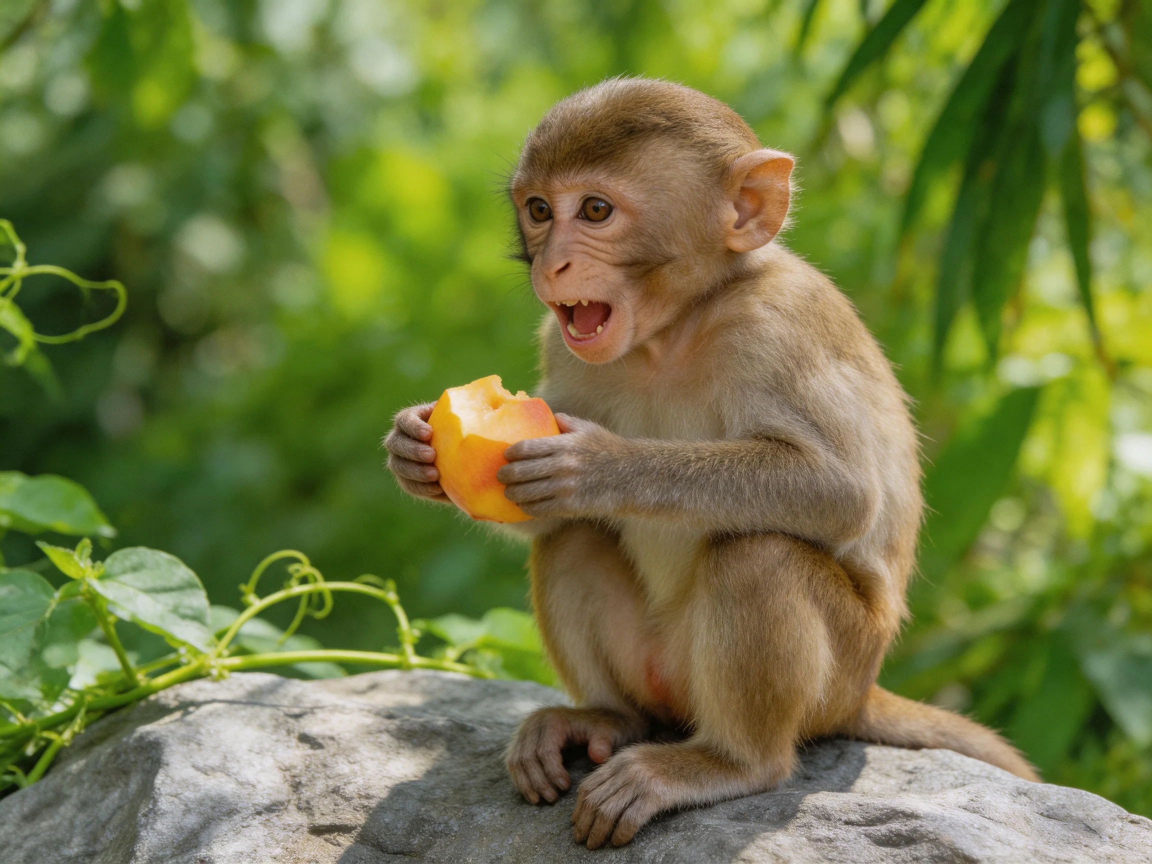A small brown monkey eats an orange fruit on a gray rock amid lush greenery