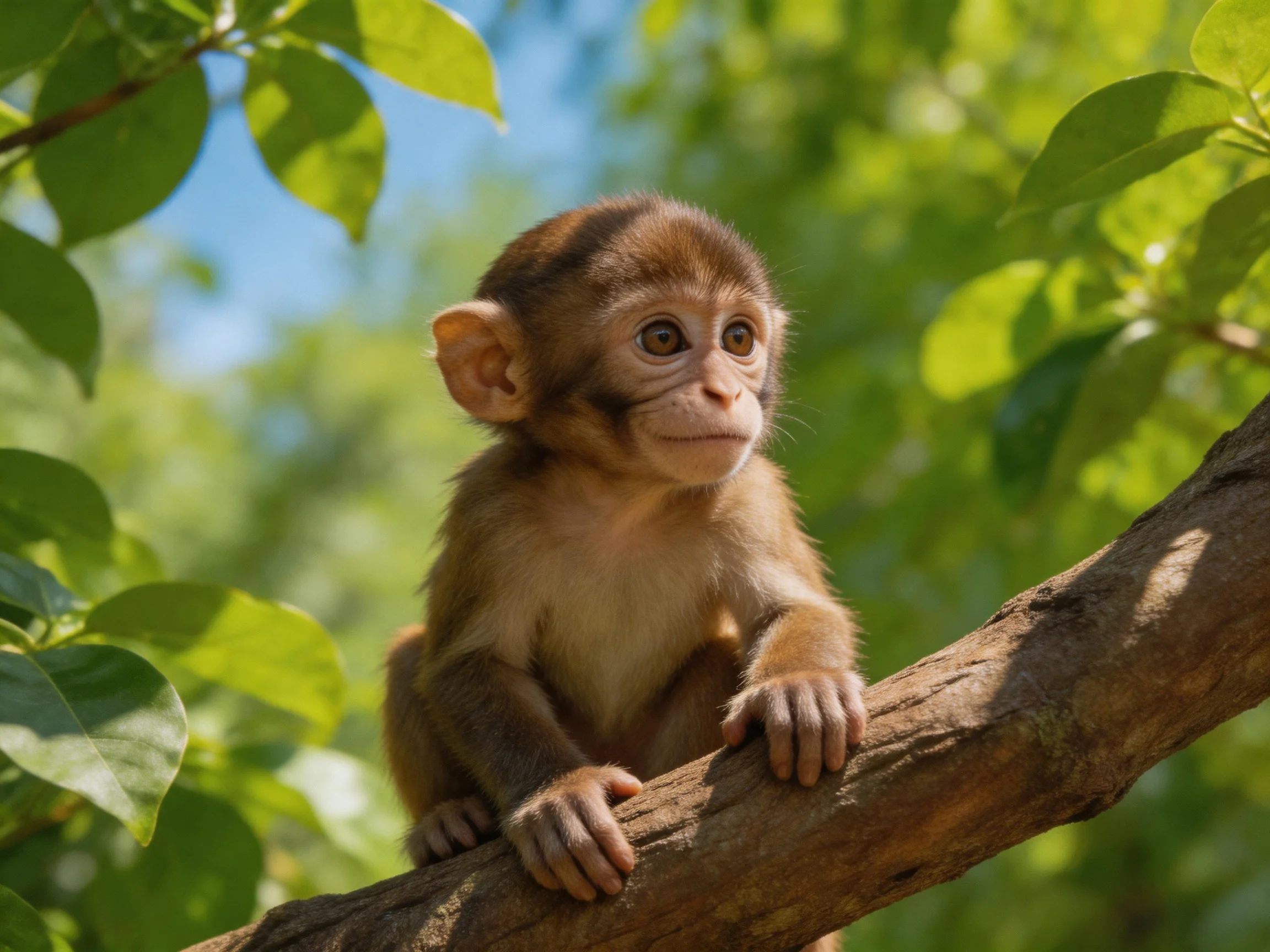 A small brown monkey perched on a thick tree branch amid lush green foliage
