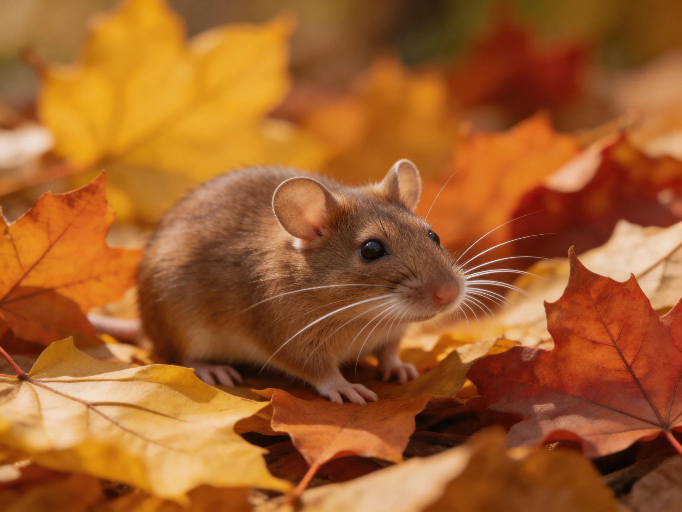 A small brown mouse amid colorful autumn foliage