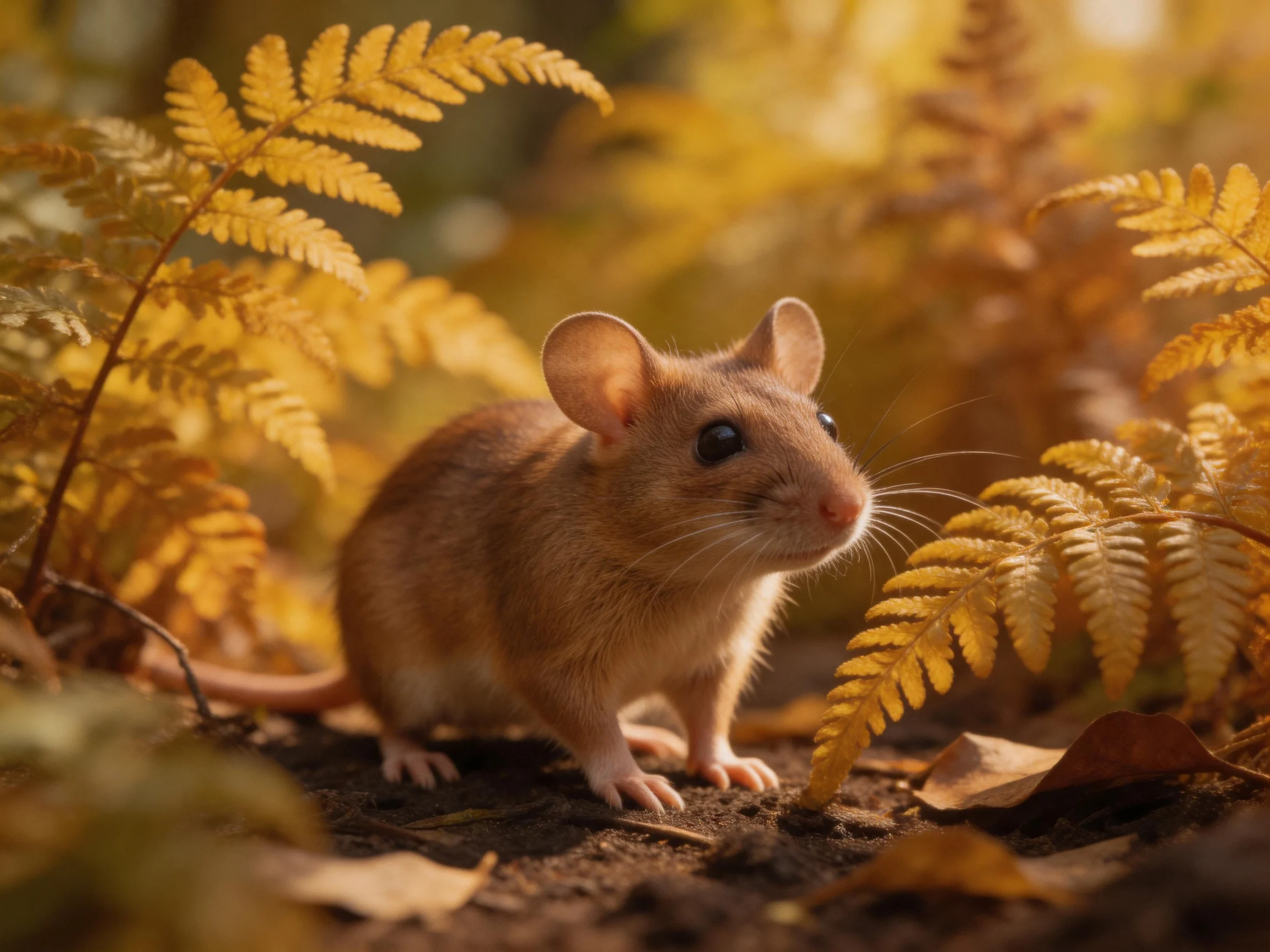 A small brown mouse amid golden ferns on dark soil