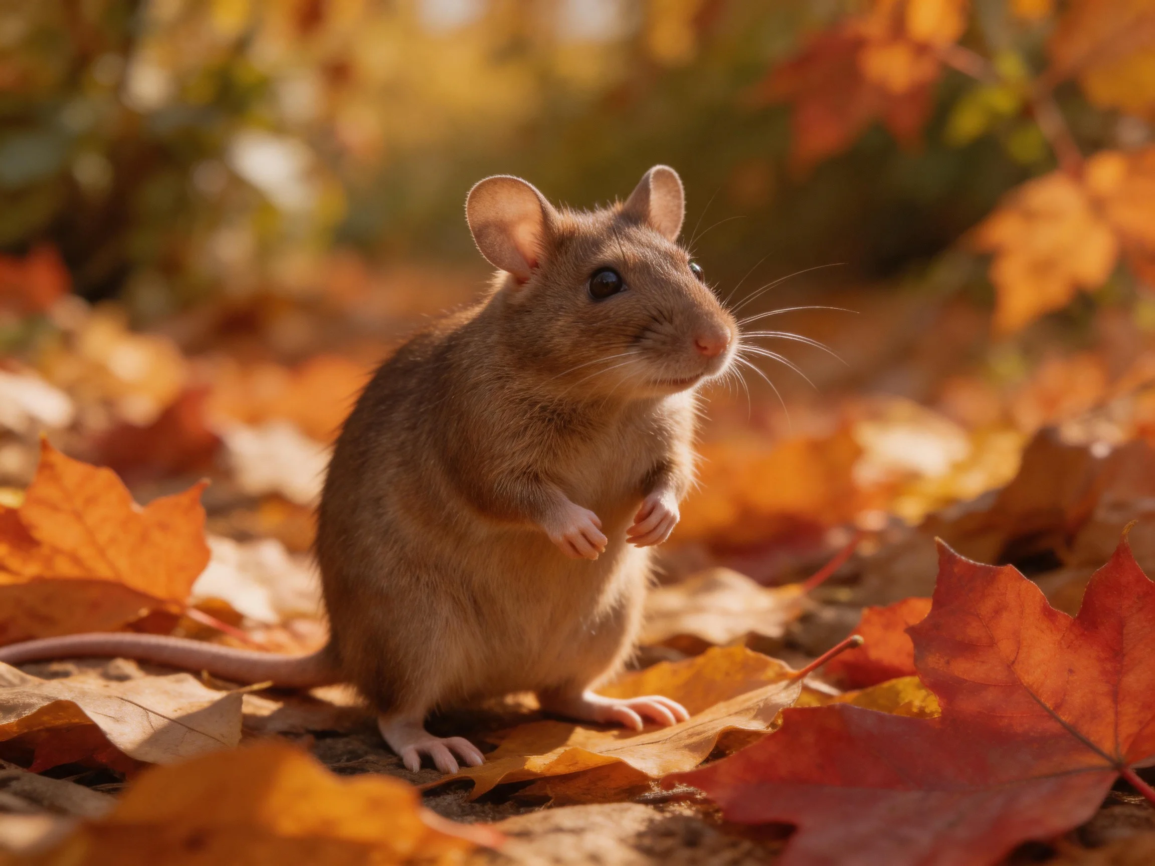 A small brown mouse among golden and crimson fallen leaves