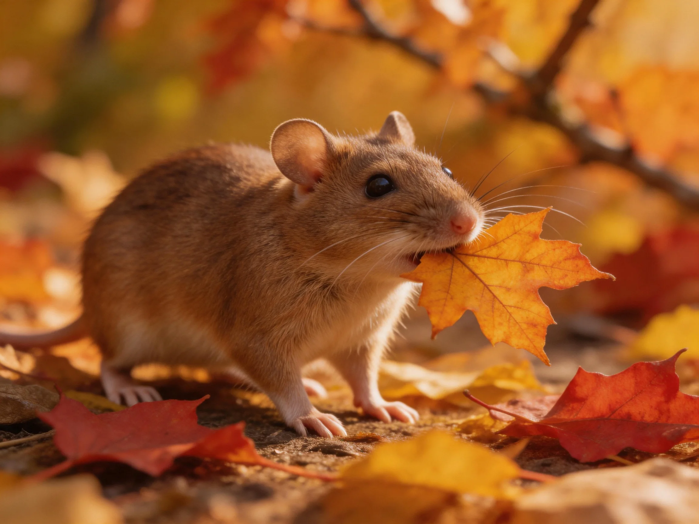 A small brown mouse carrying a golden maple leaf amid colorful autumn leaves