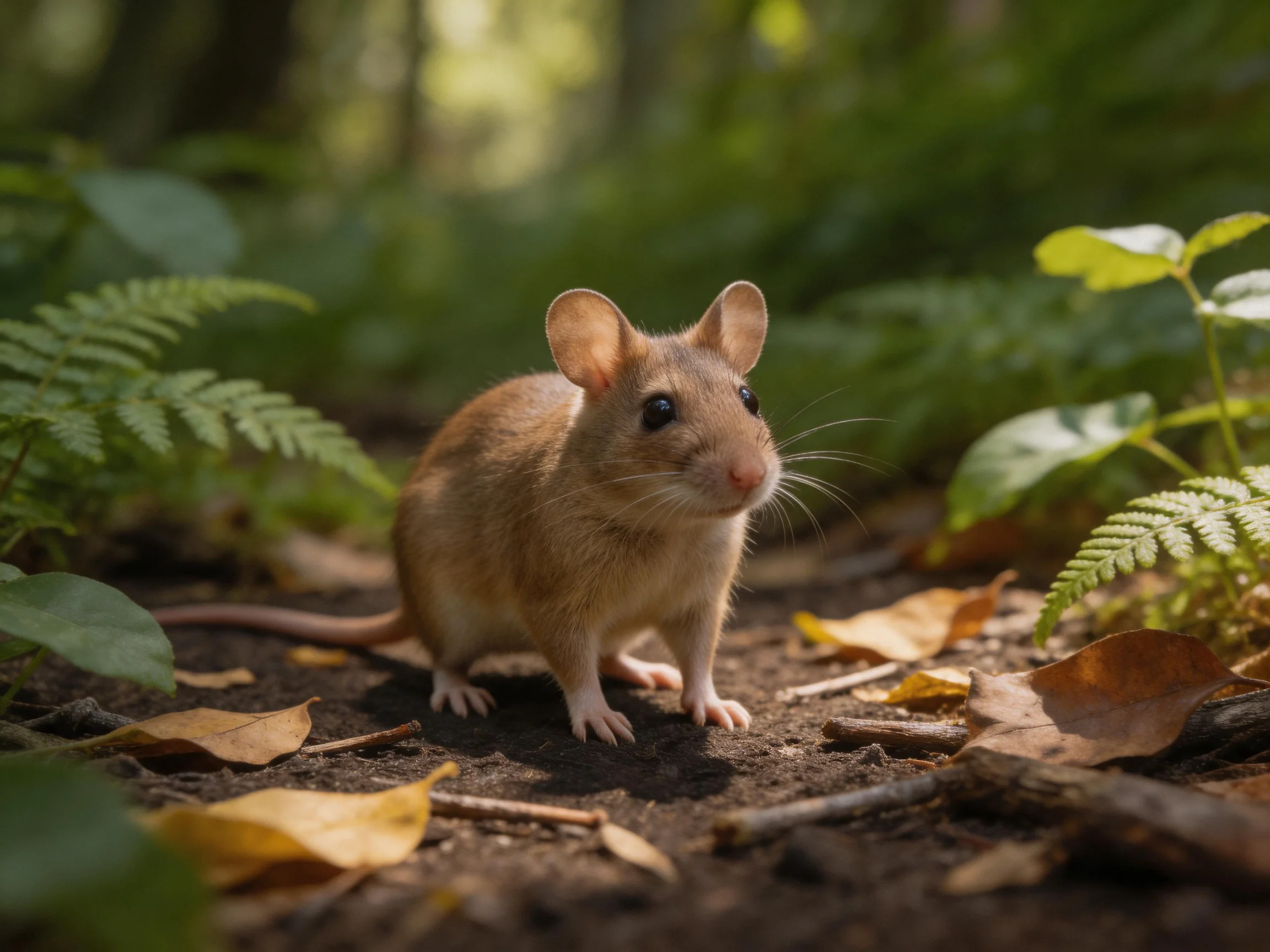 A small brown mouse explores a leaf - strewn forest floor surrounded by ferns