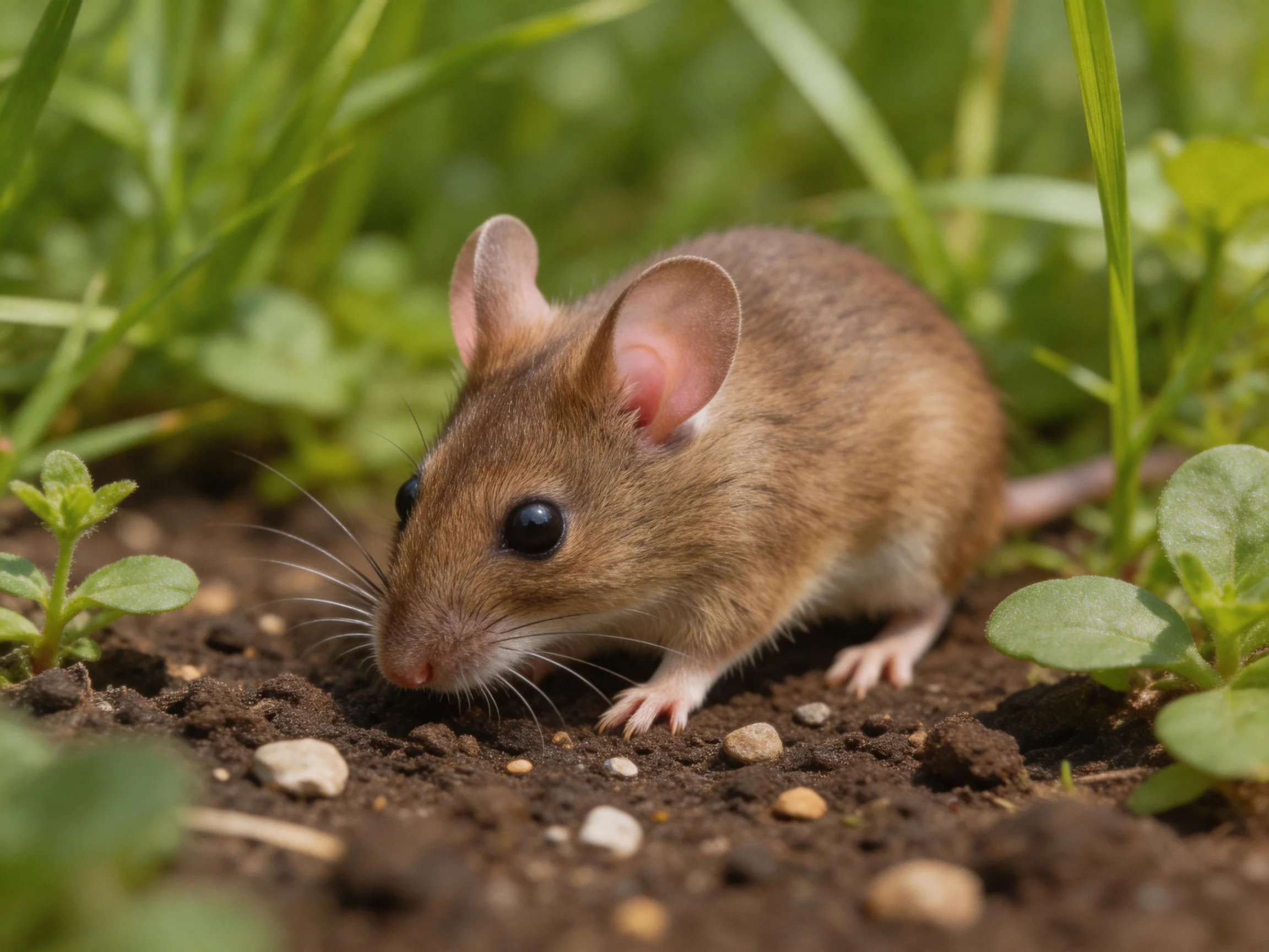 A small brown mouse explores dark soil among lush greenery