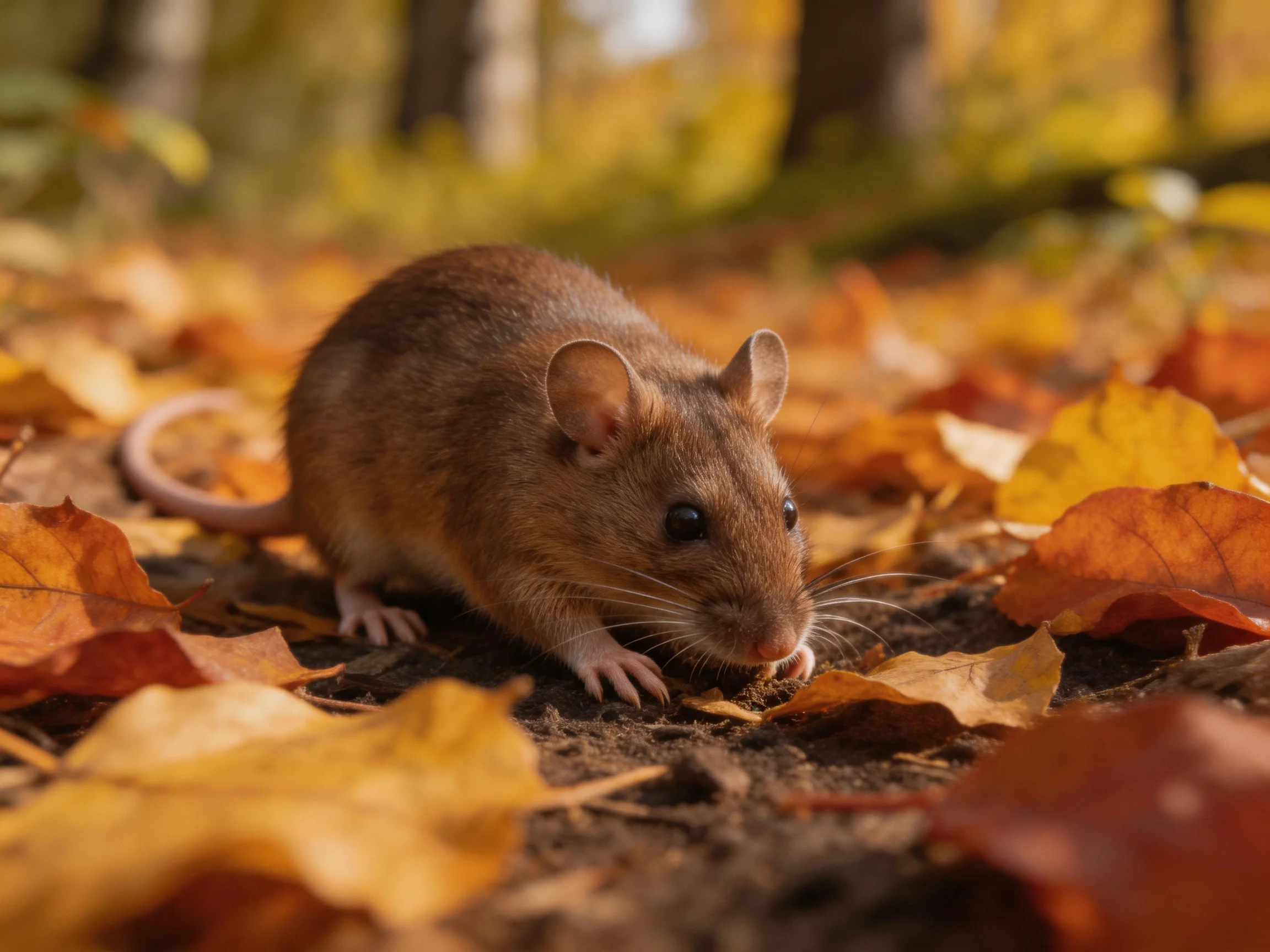 A small brown mouse explores golden and orange fallen leaves