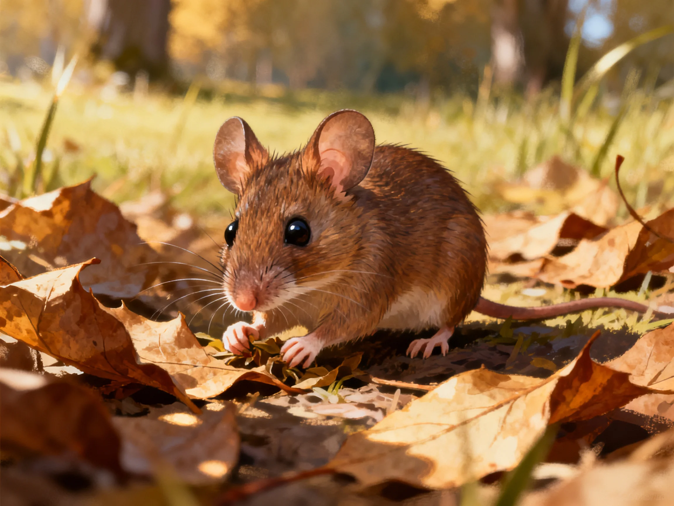 A small brown mouse explores golden fallen leaves in a sunlit forest